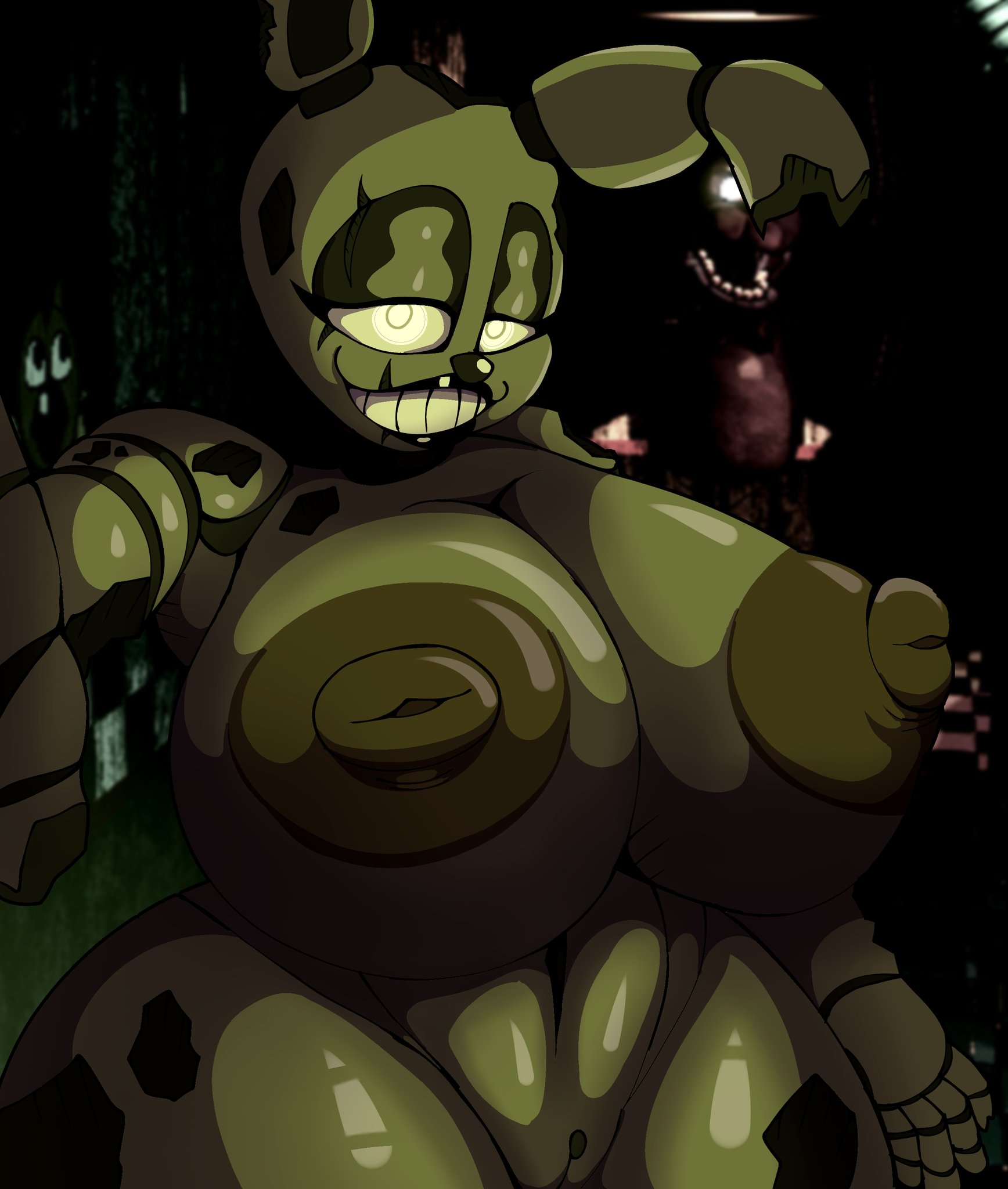 1girls, big breasts, big titties, derocrossh, fazbear frights (location), female, female focus, five nights at freddy's, fnaf, looking at viewer, nipples, nude, presenting, pussy, rule 63, solo, solo focus, springtrap (fnaf), thick thighs