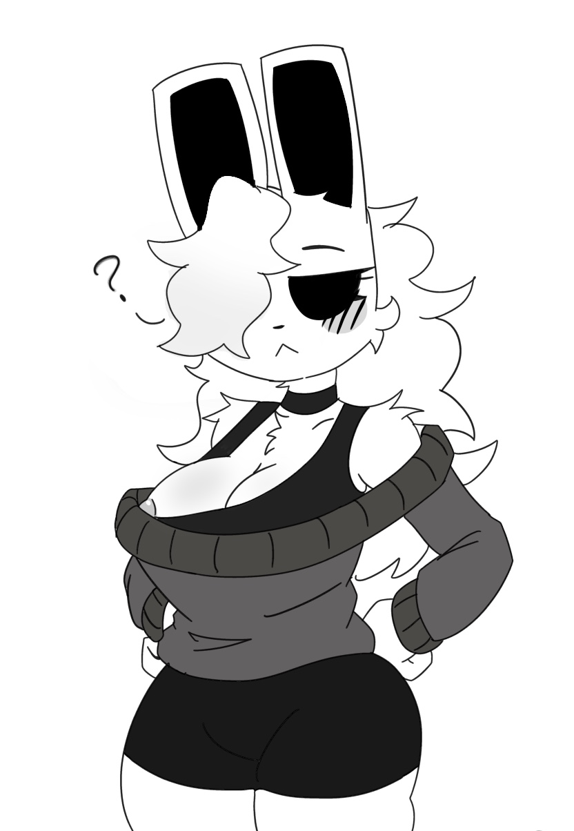 big breasts, black eyes, blank background, cube 459 (geometry dash), female only, femgram, geometry dash, nipple slip, rabbit, white body, white fur