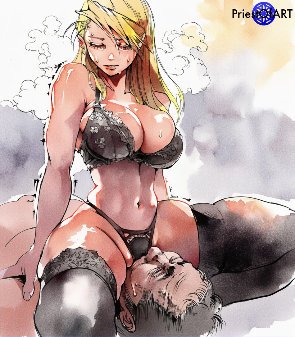 1boy, 1girls, ai generated, big breasts, blonde hair, bra, facesitting, female, fullmetal alchemist, fullmetal alchemist brotherhood, long hair, male, panties, priestofart, riza hawkeye, shiny, simple background, solo, solo female, steaming body, stockings, sweat, thick thighs, ugly bastard, ugly man, underwear, watercolor, watercolor (artwork), watermark, wide hips