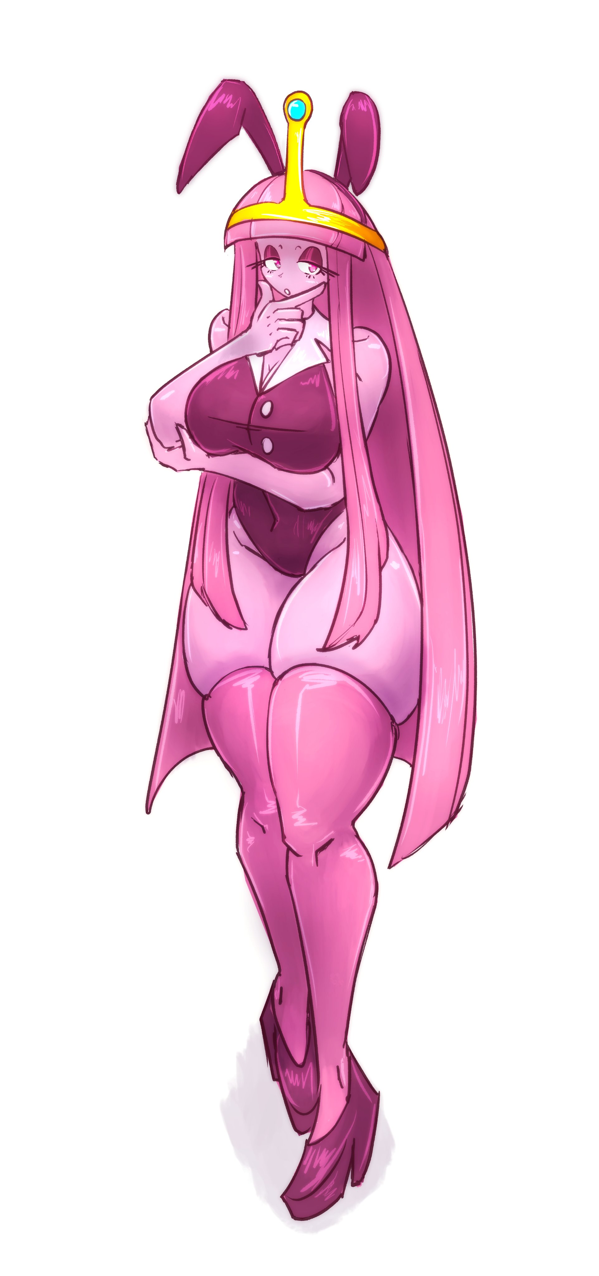 1girls, 2d, 2d artwork, adventure time, big ass, big breasts, bunny ears, bunnysuit, cleavage, female, female only, high heels, mokkoyu, pink body, pink hair, pink skin, princess bubblegum, simple background, thick thighs, tight clothing, white background