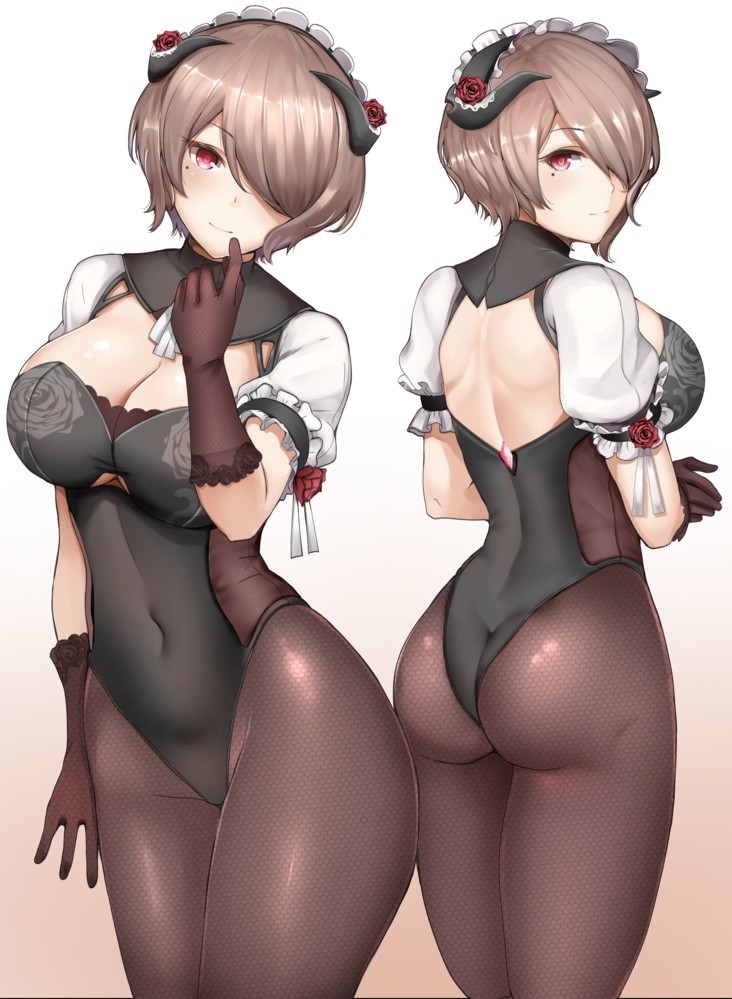 ass barely_visible_pussy big_breasts brown_hair chiyo_goya female_only fully_clothed honkai_impact honkai_impact_3rd looking_at_viewer looking_back maid_outfit red_eyes rita_rossweisse short_hair stockings teasing thick_thighs