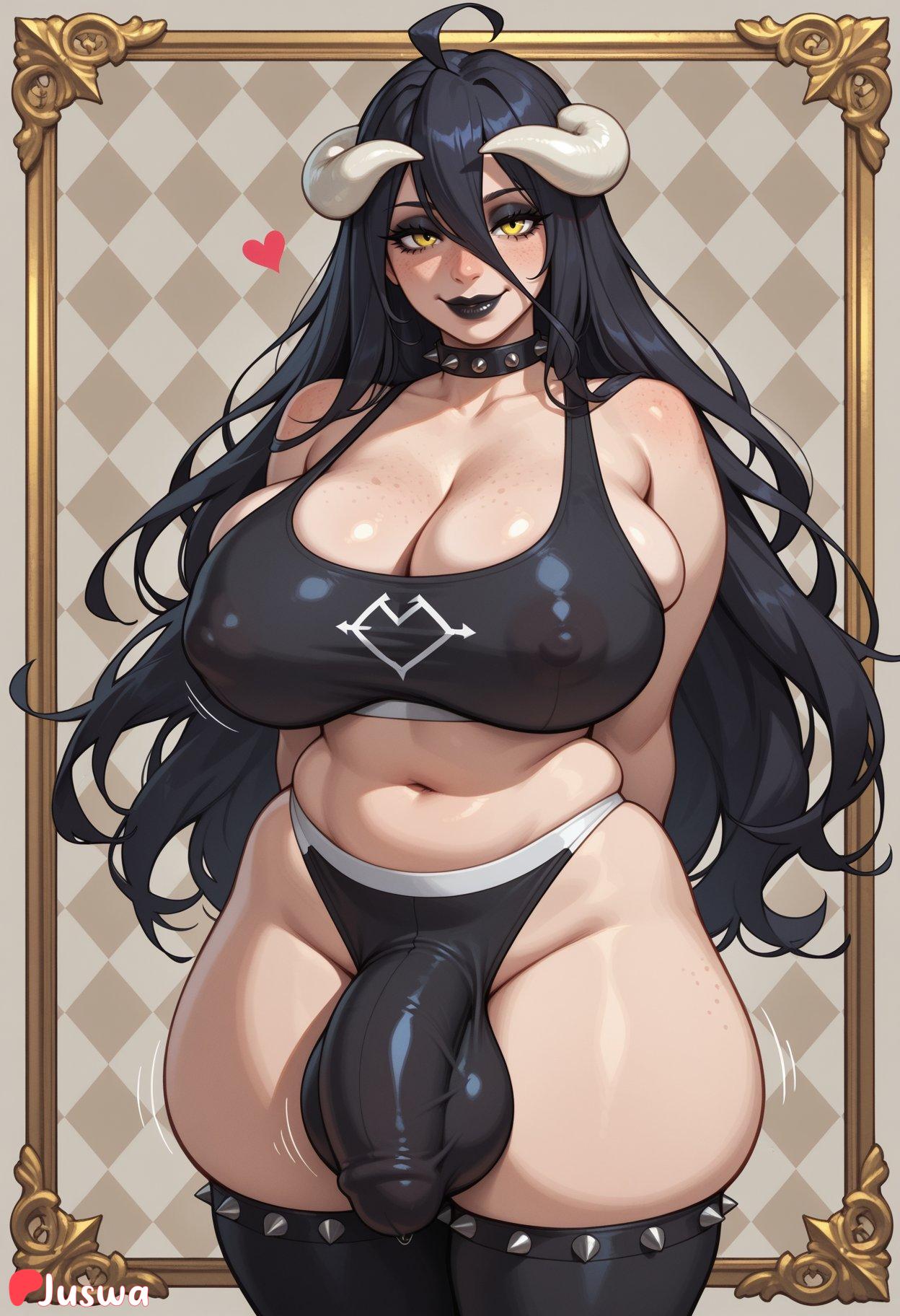 (overlord), 1futa, ahoge, ai generated, albedo, arms, at, back, behind, between, black, blush, bra, breasts, cleavage, collar, covered, curvy, cute, demon, erection, eyes, freckles, futa only, futanari, girl, gothic, hair, heart, horns, huge, huge ass, huge breasts, juswa, large ass, large breasts, light-skinned futa, lips, lipstick, long, looking, makeup, navel, nipples, panties, penis, smile, solo, spiked, spikes, sports, thicc, thick, thick thighs, thighhighs, thighs, underwear, viewer, yellow