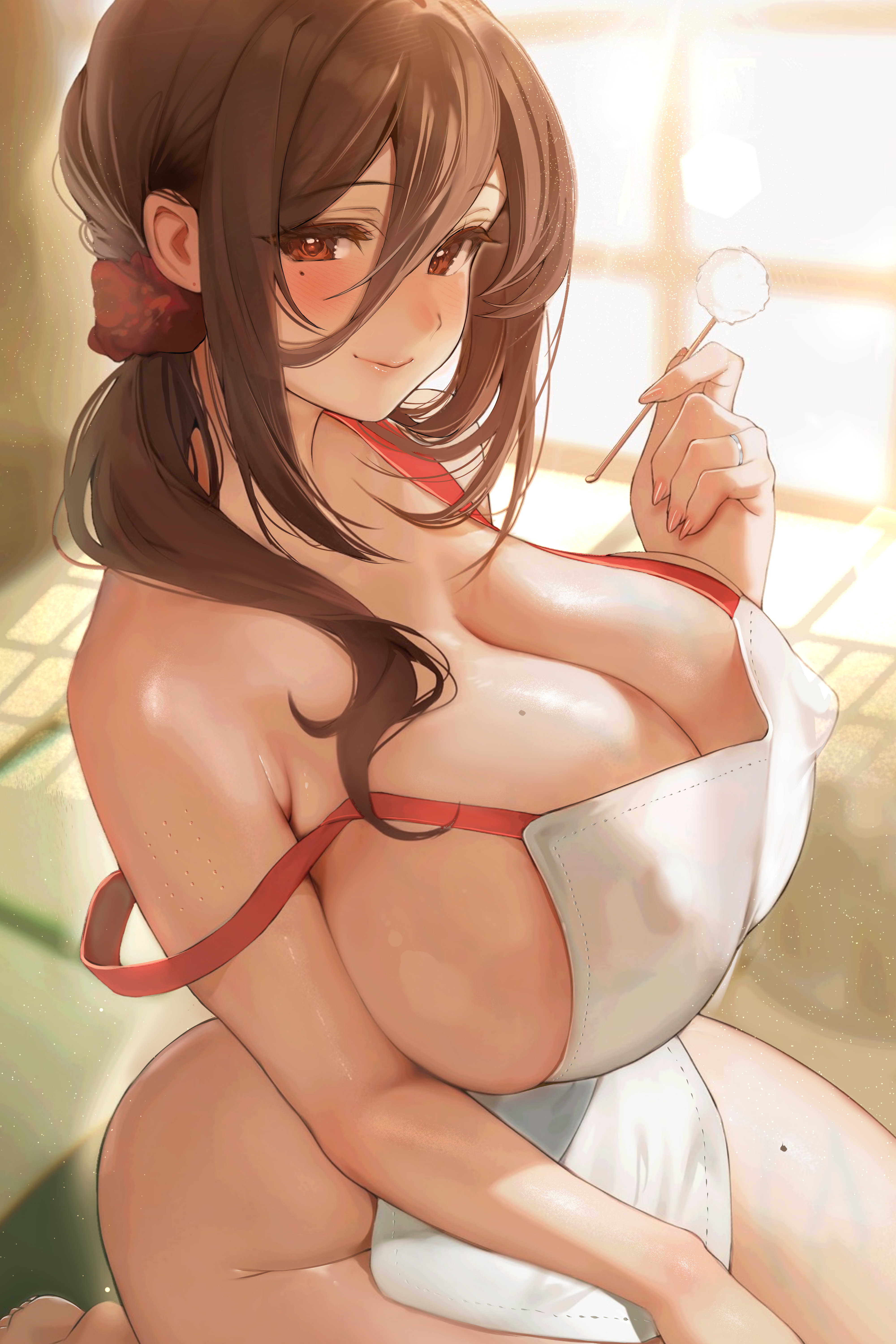 1girls, absurdres, apron, blush, breasts, commentary request, covered erect nipples, curvy, female, hair between eyes, highres, huge breasts, indoors, inushima, lap pillow invitation, long hair, long hair between eyes, looking at viewer, mature female, mimikaki, mole, mole under eye, naked apron, original, ring, seiza, sitting, smile, solo, strap slip