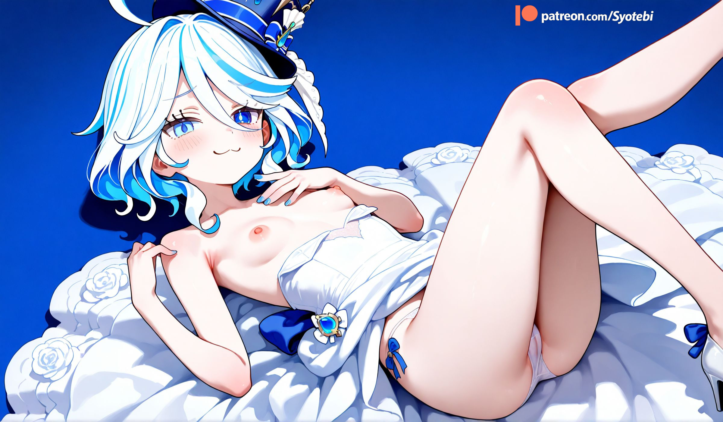 ai generated, blush, breasts, cameltoe, exposed breasts, female, furina (genshin impact), genshin impact, looking at viewer, nipples, panties, petite, petite body, pussy, small breasts, small female, wedding attire, wedding dress, wedding lingerie, wedding night