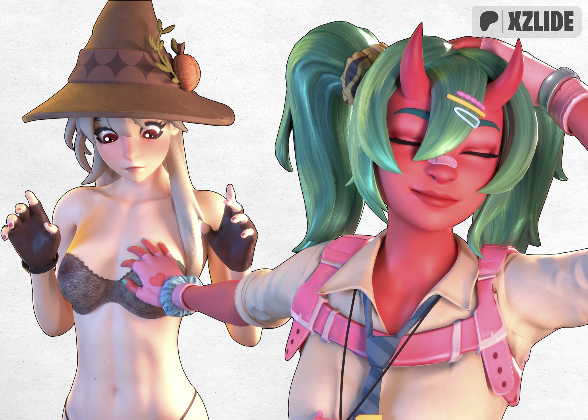 2026, 2girls, 3d, arm up, bandaid on nose, blush, bra, breasts, closed eyes, colored nails, demon, demon girl, demon horns, epic games, female, female only, fingerless gloves, fortnite, fortnite: battle royale, green hair, green hair female, hair ornament, hairclip, hand on breast, hand on own head, hat, holding breast, horns, lexa (fortnite), lexa hexbringer (fortnite), long hair, meme, multicolored nail polish, multicolored nails, nail polish, naoya hair flip, necklace, nemia (fortnite), painted nails, red body, red eyes, red skin, simple background, standing, touching breast, white background, white hair, white hair female, witch hat, xzlide