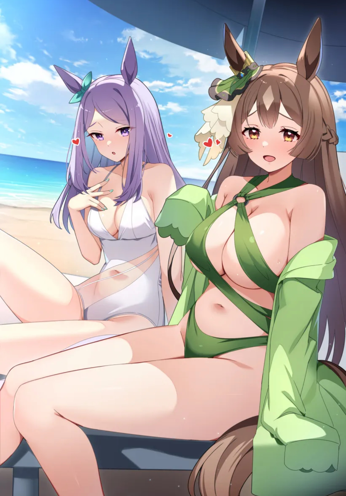 2girls, beach, belly button, big breasts, bikini, breast size difference, brown hair, cleavage, cleavage overflow, coat on shoulders, cute, cute face, different breast sizes, female, female only, female with female, hearts, hearts around head, horse, horse ears, horse girl, legs, long hair, looking at viewer, mejiro mcqueen (umamusume), multiple girls, purple eyes, purple hair, satono diamond (umamusume), sexy, sexy female, small breasts, smooth legs, swimsuit, tummy, umamusume, umamusume pretty derby, underhoof, yellow eyes