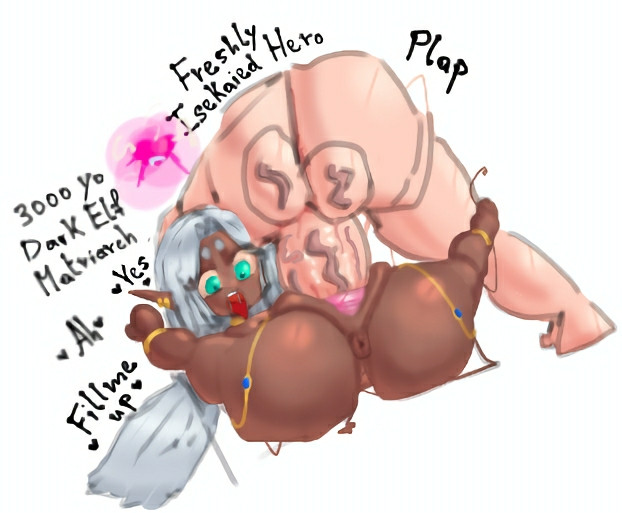1boy, 1boy1girl, 1girls, anus, anus peek, aqua eyes, ass, ass focus, big penis, bleached, blue eyes, color, cum, cum in pussy, cum inside, dark elf, dark elf female, dark skin, dark skinned female, defeated villainess, digital media (artwork), elf, elf ears, elf female, english commentary, english text, female, gold (metal), gold jewelry, hero, human, human on elf, impregnation, impregnation request, instant loss, interracial, interracial sex, interspecies, interspecies impregnation, jewelry, long hair, male, mating press, moaning, oc, open mouth, ovum, ovum deformation, ovum meets sperm, ovum with heart, penetration, penis, petite, petite body, petite female, plap, pussy, repaintheretic, sex, simple background, small breasts, spread legs, stretched pussy, vagina, vaginal penetration, vaginal sex, veiny penis, wide eyed