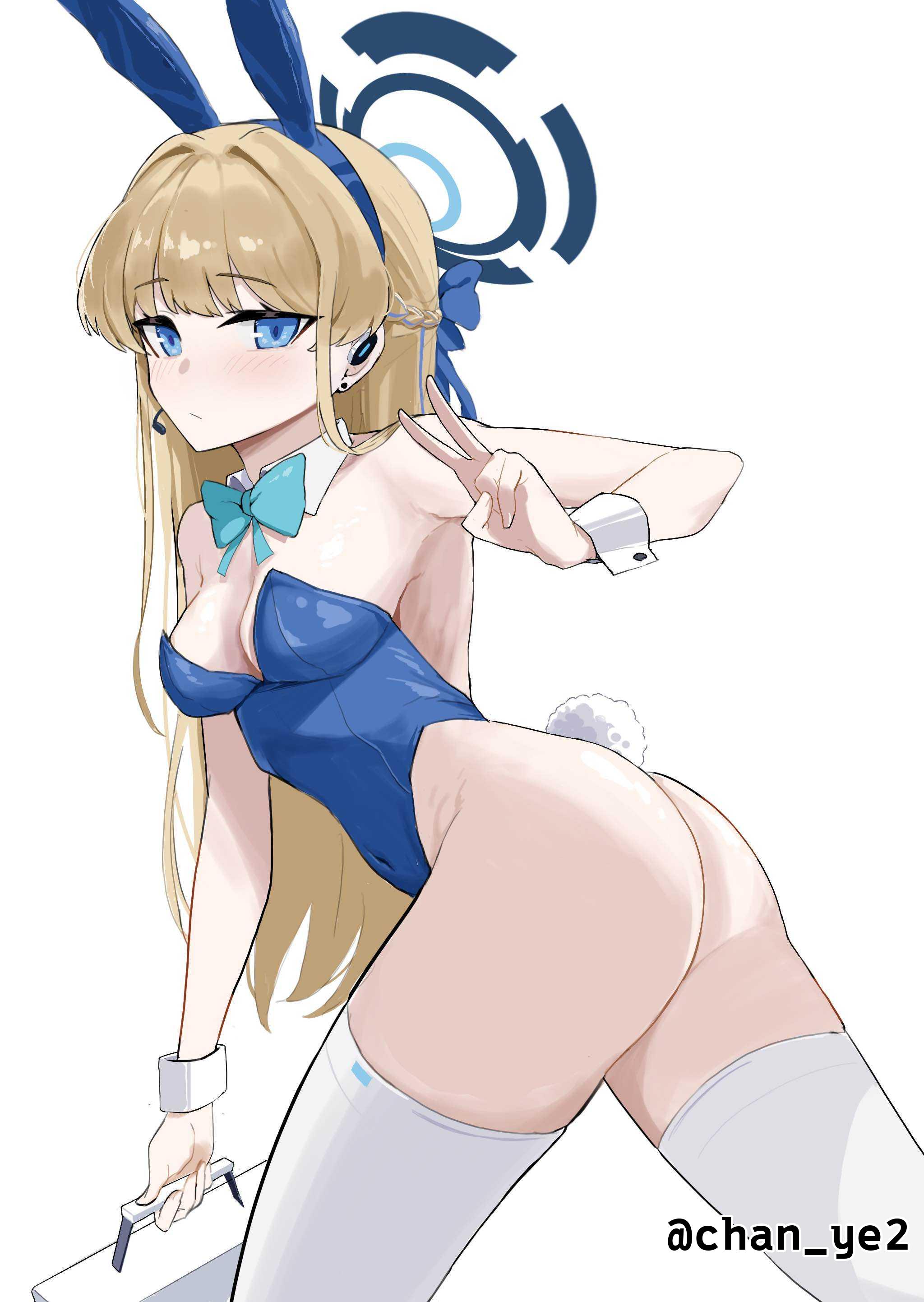 1girls, 2d, 2d (artwork), 2d artwork, armpit, armpit peek, armpits, ass, ass cleavage, ass crack, average breasts, black legwear, black stockings, black thigh highs, black thighhighs, blonde female, blonde hair, blonde hair female, blonde-haired female, blue archive, blue bowtie, blue bunny ears, blue bunnysuit, blue eyes, blue hair, blue hairband, blue halo, blue leotard, blue topwear, blue-eyed female, blue-haired female, blush, blush face, blushing at viewer, blushing female, blushing lines, bowtie, braid, braided hair, braids, breasts, bunny ears, bunny tail, bunnygirl, bunnygirl outfit, bunnysuit, chan ye2, cleavage, collar, collarbone, crown braid, digital, digital art, digital drawing, digital drawing (artwork), digital media, digital media (artwork), ear piercing, earphones, elbows, eyebrows visible through hair, female, female focus, female only, fingers, gluteal fold, groin, hairless armpits, halo, head tilt, high resolution, highres, lean figure, legwear, leotard, long hair, looking at viewer, looking back, looking back at viewer, medium breasts, multicolored hair, narrow waist, peace sign, petite, petite body, petite breasts, petite female, petite girl, petite tits, pierced ear, presenting armpit, serratus anterior, shaved armpits, shoulders, sign, simple background, slender body, slender waist, slim waist, smooth armpits, solo, standing, stockings, thick ass, thick butt, thigh highs, thighhighs, thighs, tilted head, toki (blue archive), toki (bunny) (blue archive), topwear, upper body, v, v sign, white background, white collar, white wrist cuffs, wrist cuffs