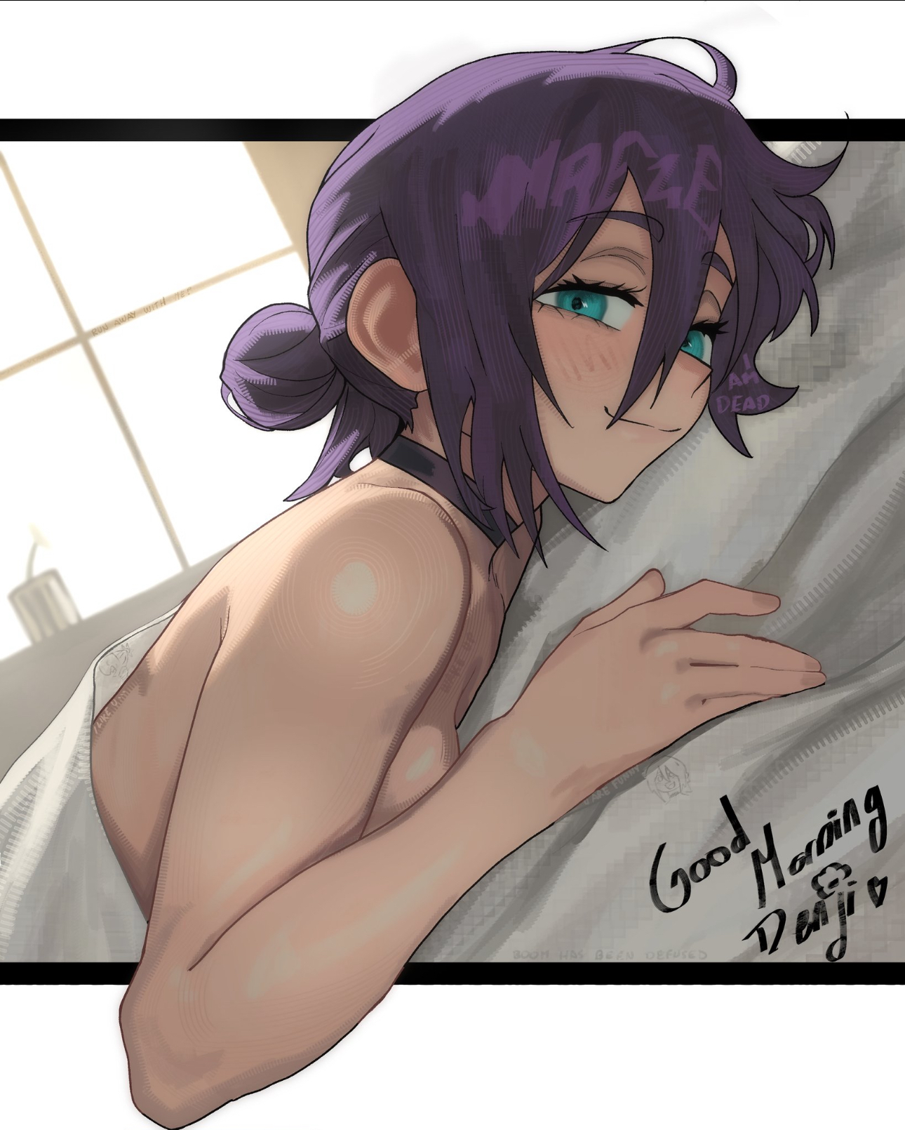 1girls, chainsaw man, denji (chainsaw man), in bed, looking at viewer, morning, naked, reze (chainsaw man), sideboob, wholesome