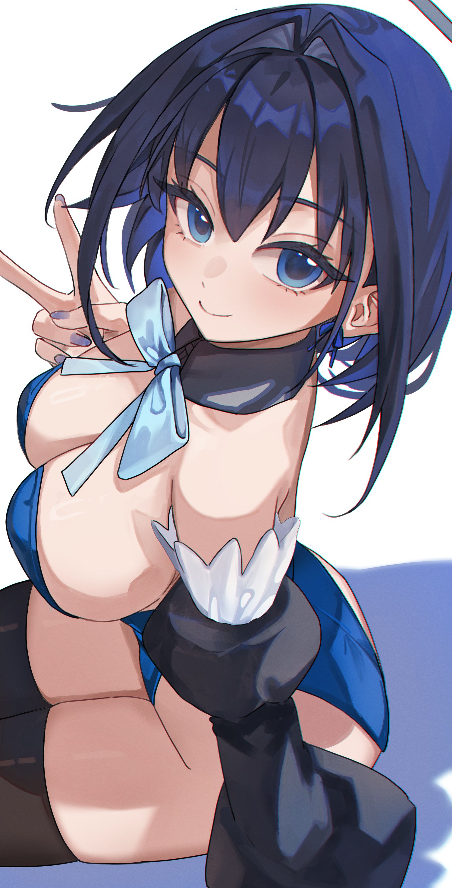 1girls, big breasts, blue eyes, blue hair, bowtie, breasts, bunny girl, bunnysuit, cleavage, female, female only, hololive, hololive english, huge breasts, large breasts, leotard, looking at viewer, ouro kronii, peace sign, short hair, sideboob, sitting, solo, solo female, thighhighs, thighs, virtual youtuber, voluptuous, voluptuous female