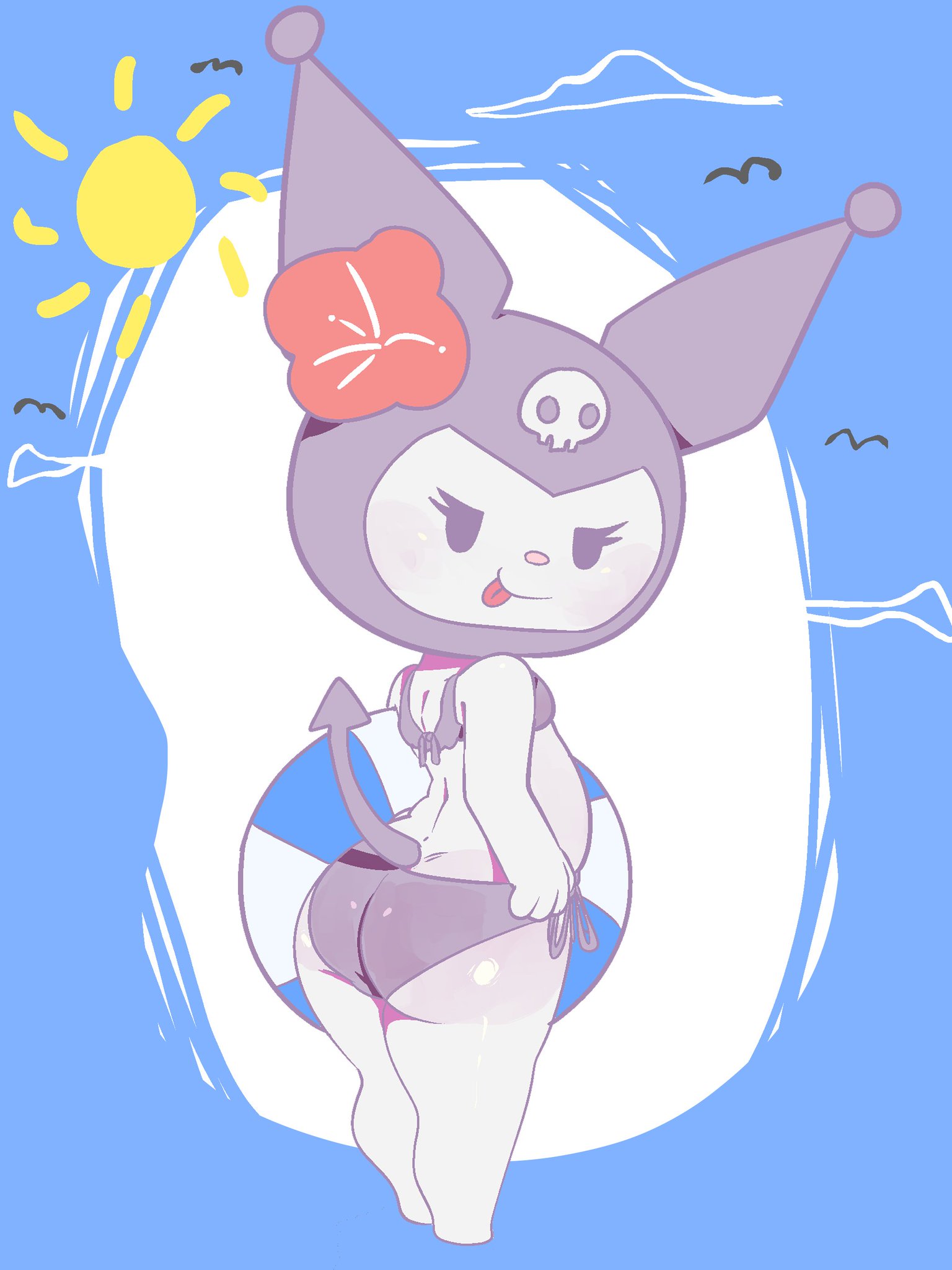 ass, beach, bikini, furry, kuromi, looking at viewer, meweeze, onegai my melody, sanrio