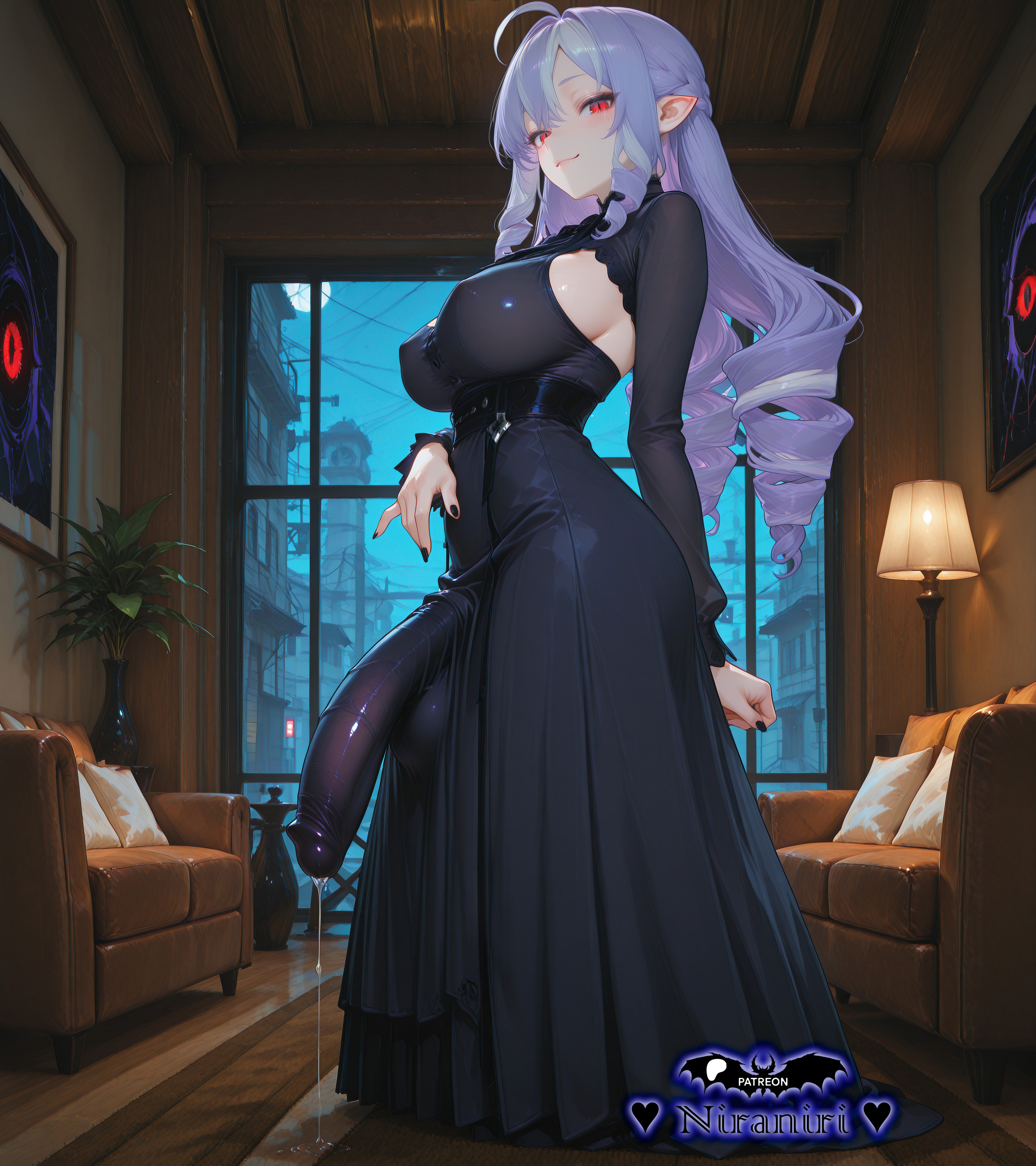 ai generated, bulge, bulge under clothes, covered nipples, dress, futanari, huge cock, night, niraniri, vivian banshee, zenless zone zero