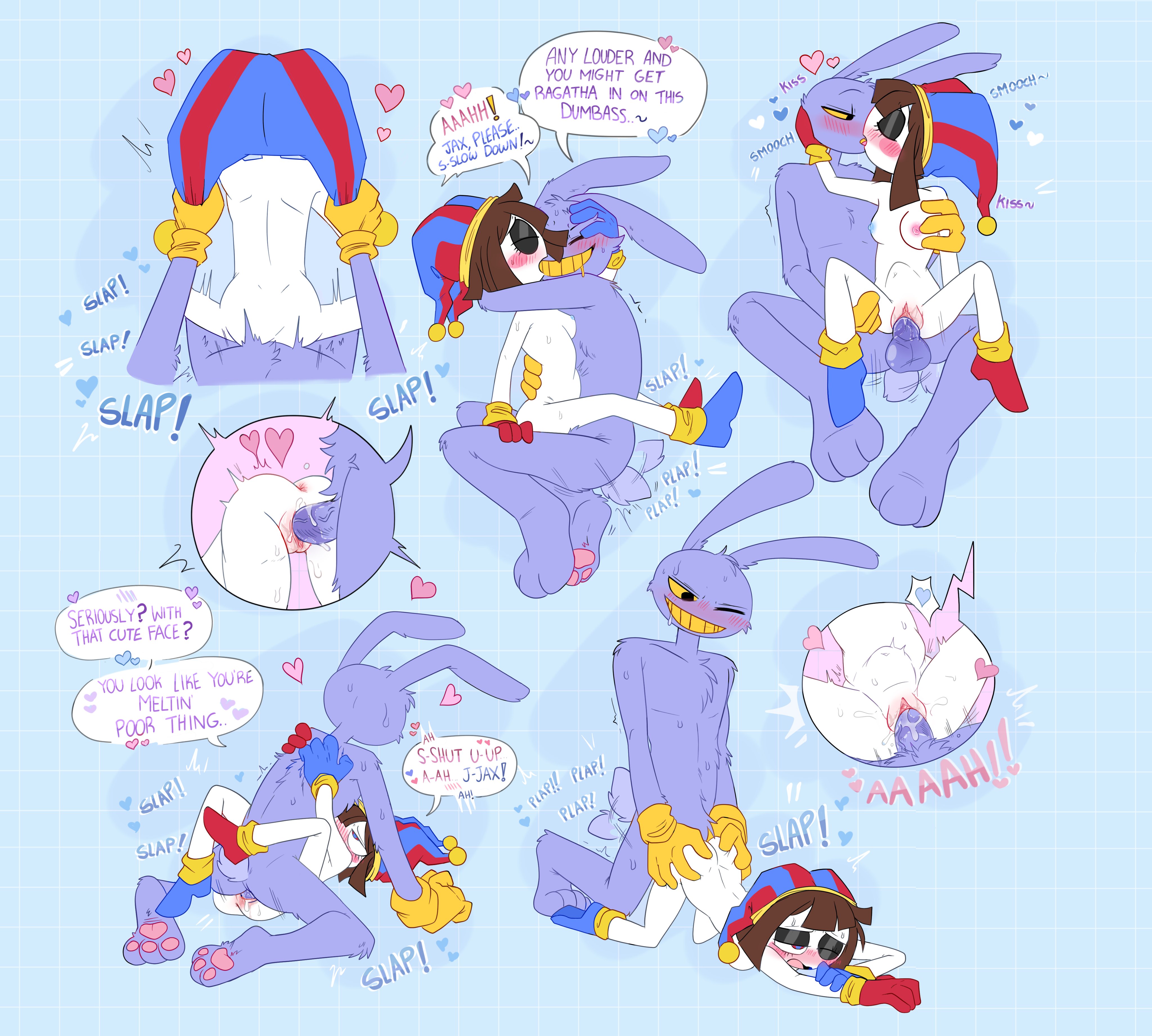 1boy, 1girls, anthro, ass up, blush, dialogue, female, hugging, jax (the amazing digital circus), jesterjerk, kissing, leg lock, male, male pov, pomni (the amazing digital circus), pov, sinstarrynight, stomach bulge, straight, text, the amazing digital circus, top-down bottom-up, vaginal penetration