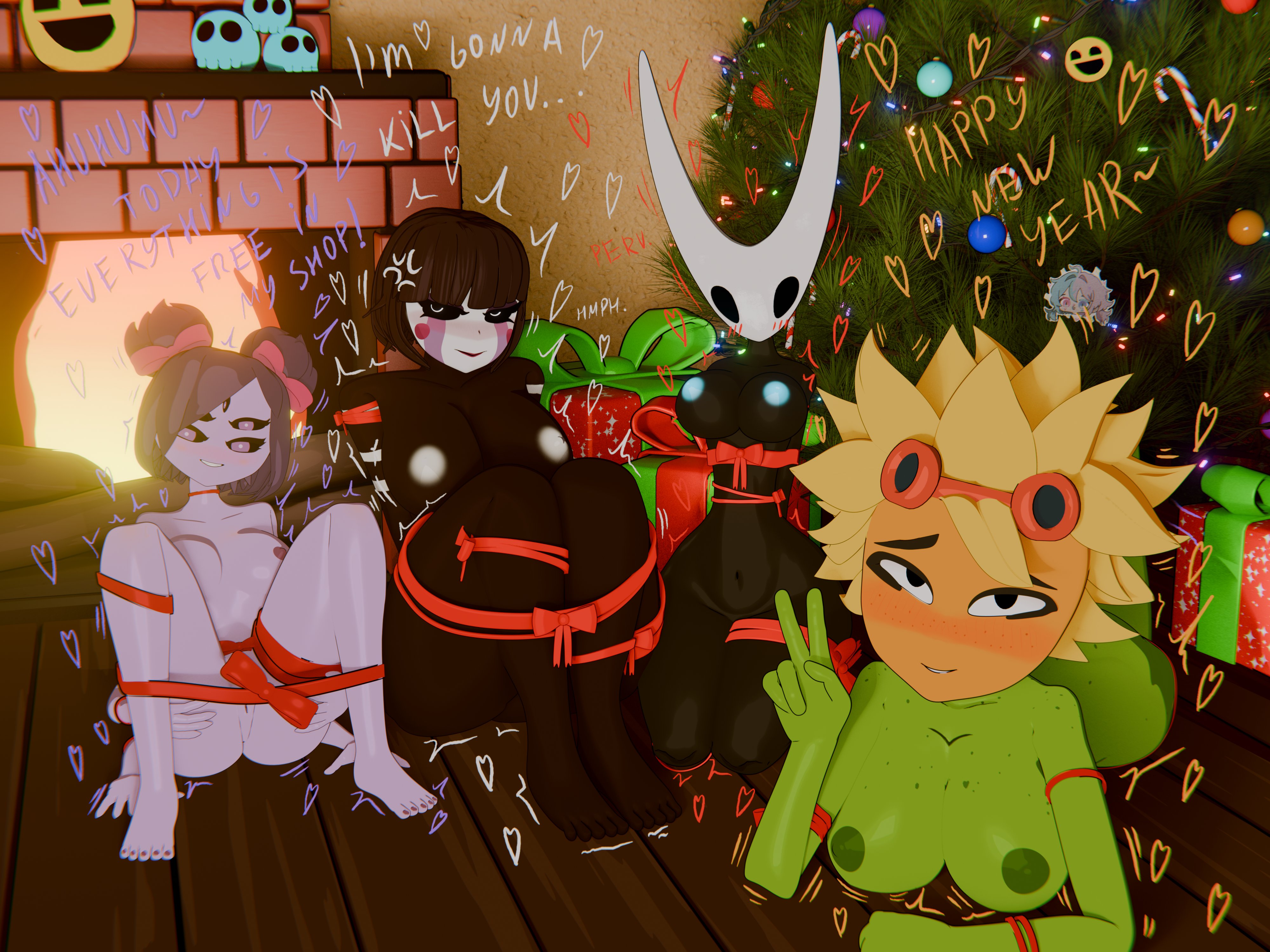 3d, 4girls, christmas, crossover, dialogue, electronic arts, female only, five nights at freddy's, goggles, goggles on head, green body, green skin, hollow knight, hollow knight: silksong, hornet (hollow knight), muffet, plant girl, plantie, plants vs zombies, plants vs zombies: heroes, popcap, popcap games, puppet (fnaf), ribbon, shadow2405, solar flare (pvz), sunflower, tied up, undertale