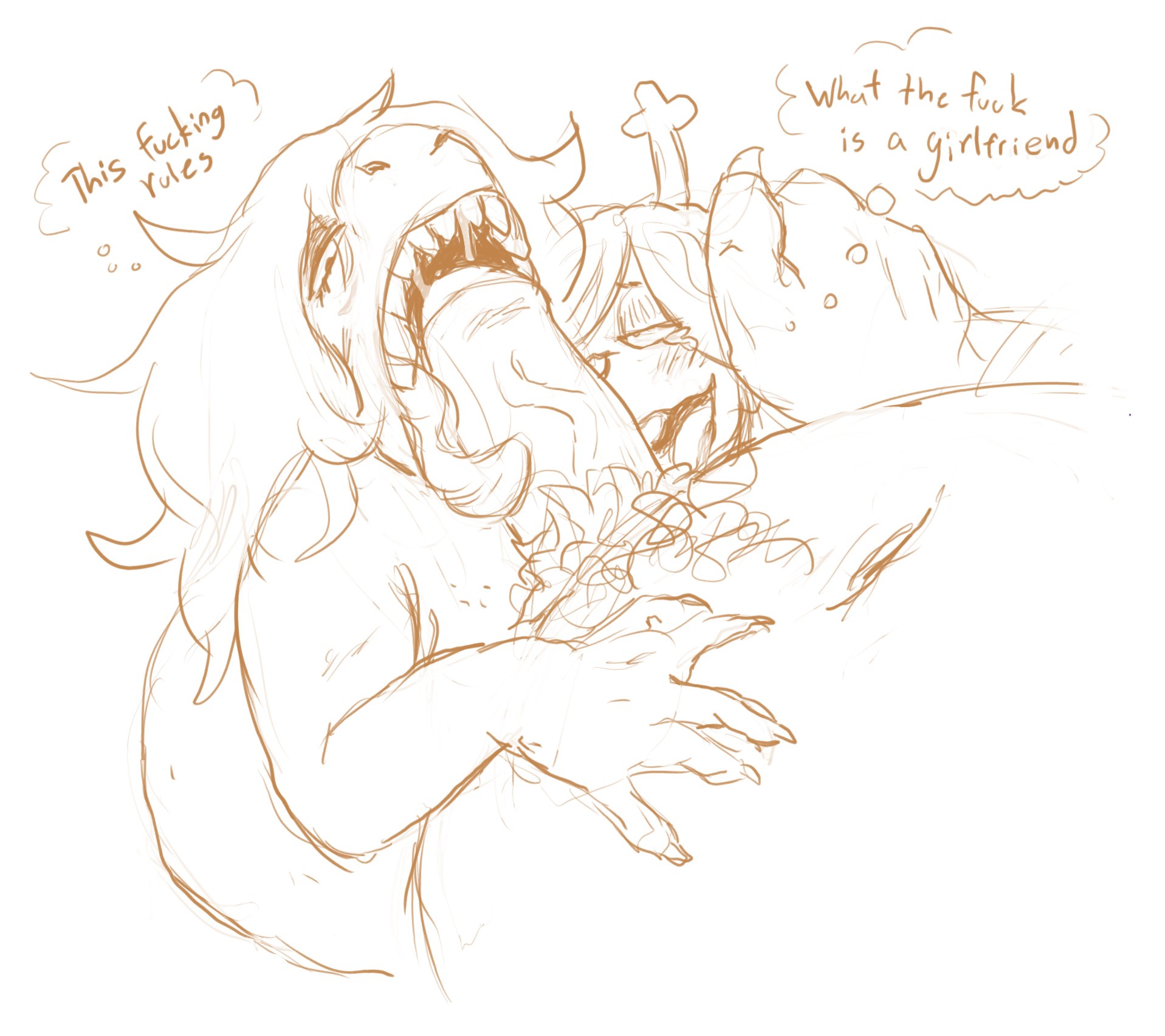 1boy, 2girls, asgore dreemurr, cock gobble, cock hungry, collaborative fellatio, deltarune, enthusiastic fellatio, fellatio, female, imminent blowjob, long tongue, monochrome, noelle holiday, putricia, straight, susie (deltarune), tongue out, tongue out blowjob
