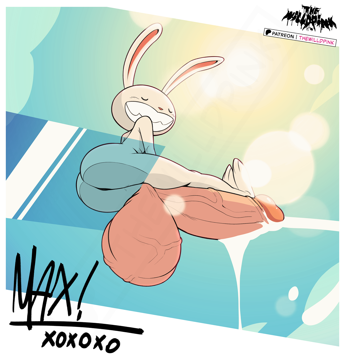 anthro, anus, ass, balls, big balls, big penis, bodily fluids, closed eyes, cum, fur, genital fluids, genitals, glass, hi res, huge balls, huge cock, hyper, hyper balls, hyper genitalia, hyper penis, lagomorph, leporid, light, male, mammal, max (sam and max), pawpads, paws, penis, rabbit, sam and max, smile, solo, sunlight, thewilldpink, watermark, white body, white fur