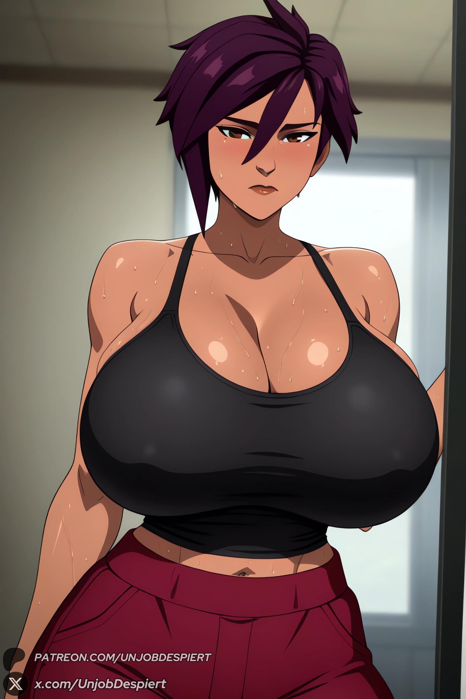 1female, 1girls, 2026, ai generated, artist name, big ass, big breasts, black tank top, blush, breasts, brown eyes, cleavage, covered nipples, curvy, dark skin, dark-skinned female, dispatch (game), female, female only, hi res, high quality, high resolution, highres, huge ass, huge breasts, invisigal, looking at viewer, navel, patreon, patreon username, purple hair, short hair, solo, sweat, tank top, tomboy, unjobdespiert, watermark, web address