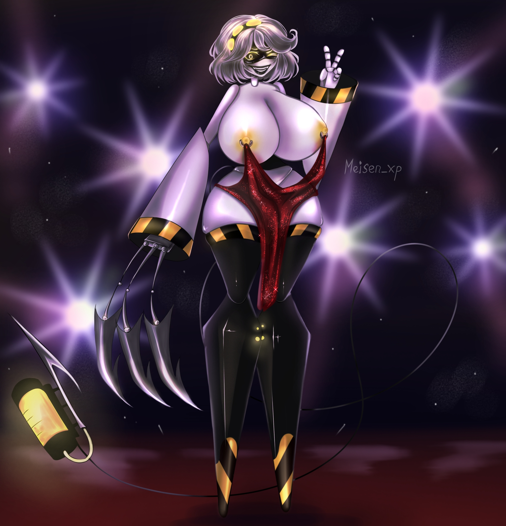 big breasts, female, female only, glitch productions, glitter dress, juicy thighs, meisen xp, murder drone, murder drones, nipple piercing, nipple ring dress, nipples, red dress, serial designation v, v (murder drones)