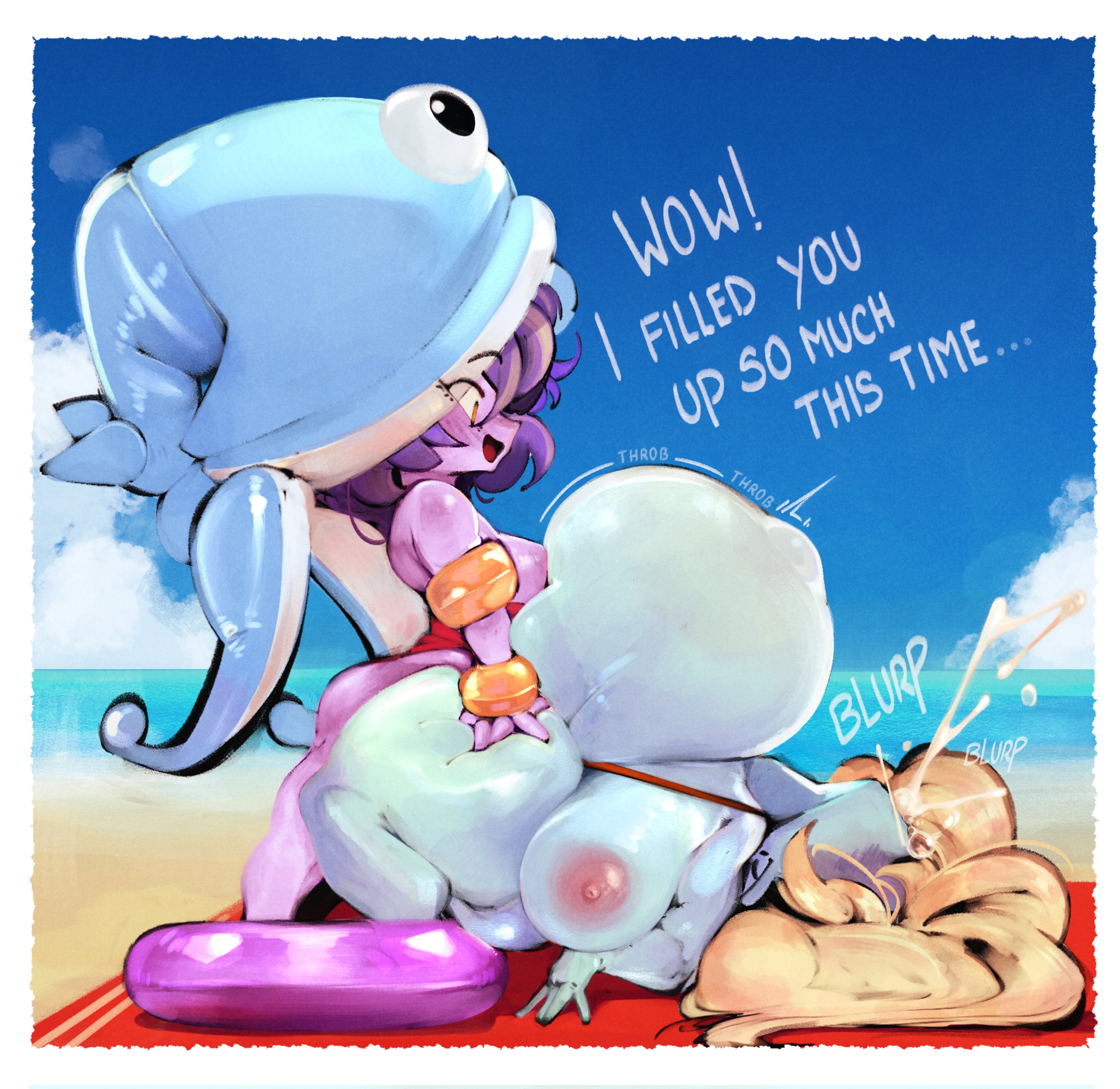 1futa, 1girls, beach, big belly, blonde hair, blue skin, blush, cum, cum through, cumflated belly, cumflation, dialogue, female, fucked silly, futa on female, futanari, inflation, league of legends, lulu the fae sorceress, pink skin, pool party lulu, pool party series, poppy, riot games, shortstack, swimsuit, text, twenty 2, vomiting cum, yordle