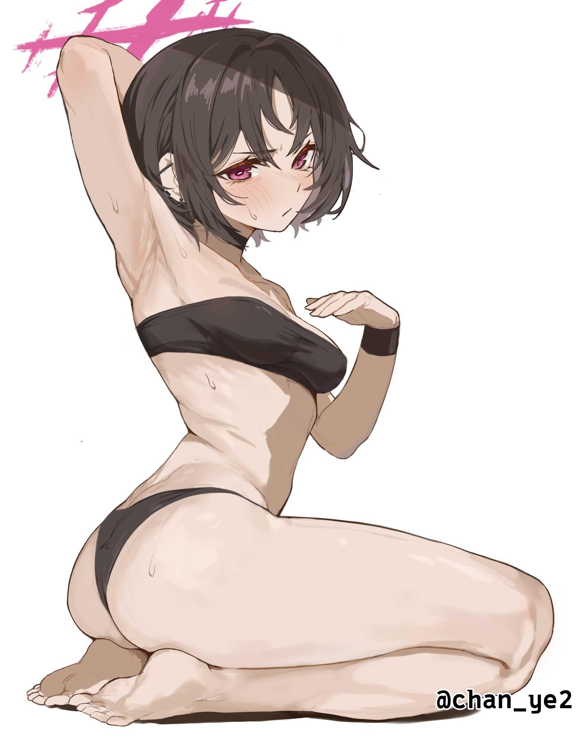 1girls, 2d, 2d (artwork), 2d artwork, arm behind head, armpit, armpit crease, armpit peek, armpits, ass, ass cleavage, ass crack, average breasts, bare armpits, bare arms, bare belly, bare calves, bare chest, bare hands, bare hips, bare knees, bare legs, bare midriff, bare navel, bare shoulders, bare skin, bare soles, bare thighs, bare toes, barefoot, belly, bikini, bikini bottom, bikini only, bikini top, black bikini, black bikini bottom, black bikini top, black choker, black swimsuit, black swimwear, blue archive, blush, blush face, blushing at viewer, blushing female, blushing lines, breasts, brown hair, brown-haired female, calves, chan ye2, choker, collarbone, digital, digital art, digital drawing, digital drawing (artwork), digital media, digital media (artwork), elbows, exposed armpits, exposed arms, exposed belly, exposed chest, exposed hips, exposed legs, exposed midriff, exposed navel, exposed shoulders, exposed skin, exposed thighs, exposed toes, feet, female, female focus, female only, fingers, frown, frown eyebrows, frowning, frowning at viewer, full body, hairless armpits, half naked, half nude, half-closed eyes, halo, hand behind head, head tilt, high resolution, highres, knees, lean figure, legs, legs folded, looking at viewer, medium breasts, midriff, misaki (blue archive), naked, naked female, naked woman, narrow waist, nipple bulge, nude, nude female, nudity, parted bangs, petite, petite body, petite breasts, petite female, petite girl, petite tits, pink eyes, pink halo, pink-eyed female, posing, posing for the viewer, posing naked, posing nude, presenting armpit, seiza, semi nude, shaved armpits, short hair, shoulders, simple background, sitting, sitting on floor, sitting on ground, sitting on knees, slender body, slender waist, slim waist, soles, solo, swimsuit, swimwear, thick ass, thick butt, thick thighs, thighs, tilted head, toes, underboob, white background, white pupils