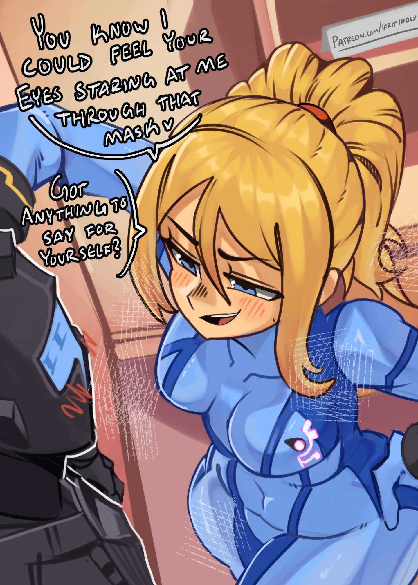 1female, 1girls, ambiguous gender, assertive female, caught staring, chubby, chubby female, embarrassed, federation marine, flirting, ifritindex, kabedon, metroid, moxydrawsmore, samus aran, staring, zero suit, zero suit samus