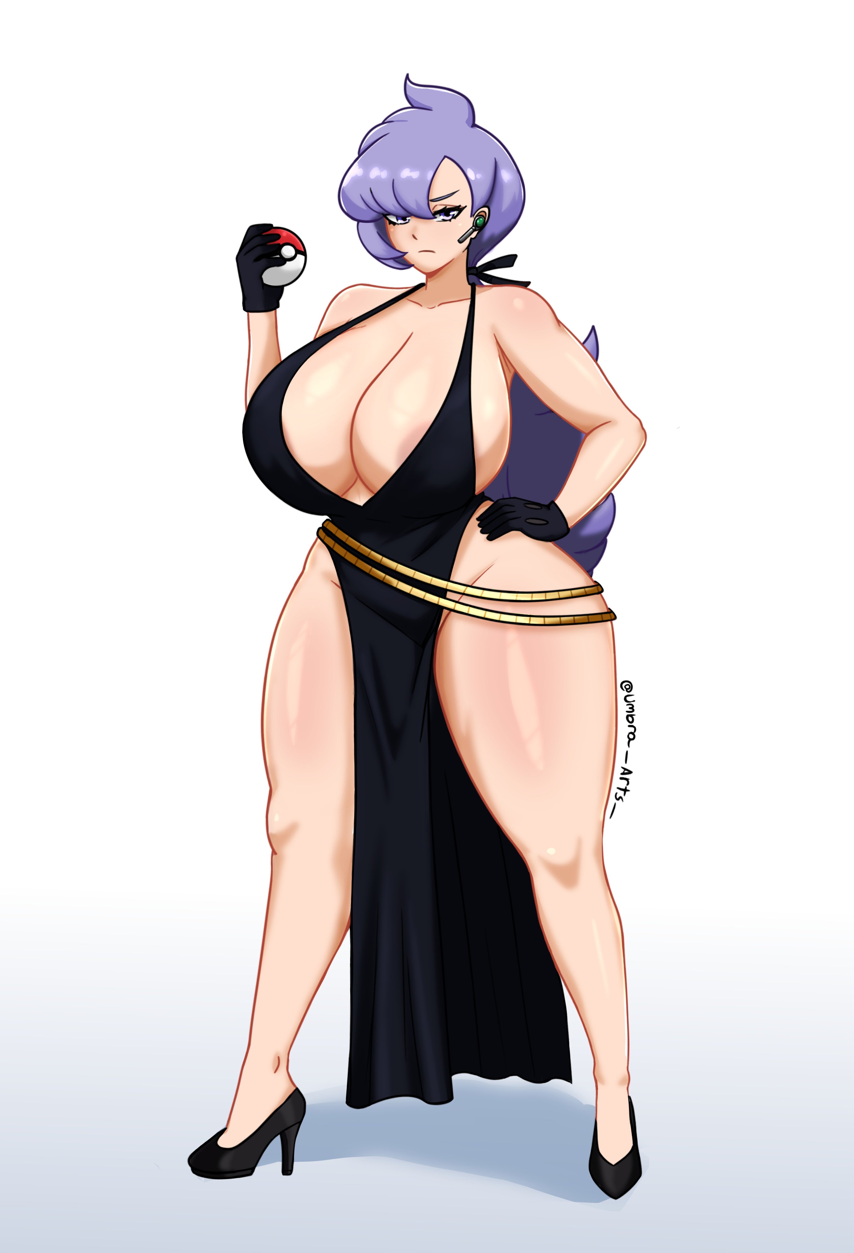 absurdres, anabel (pokemon), areola slip, bare shoulders, breasts, cleavage, curvy, dress, earpiece, female, female focus, full body, gloves, hand on own hip, high heels, highres, huge breasts, long hair, looking at viewer, matching hair/eyes, nintendo, no bra, poke ball, pokemon, pokemon sm, purple eyes, purple hair, solo, thick thighs, thighs, umbra arts, wide hips