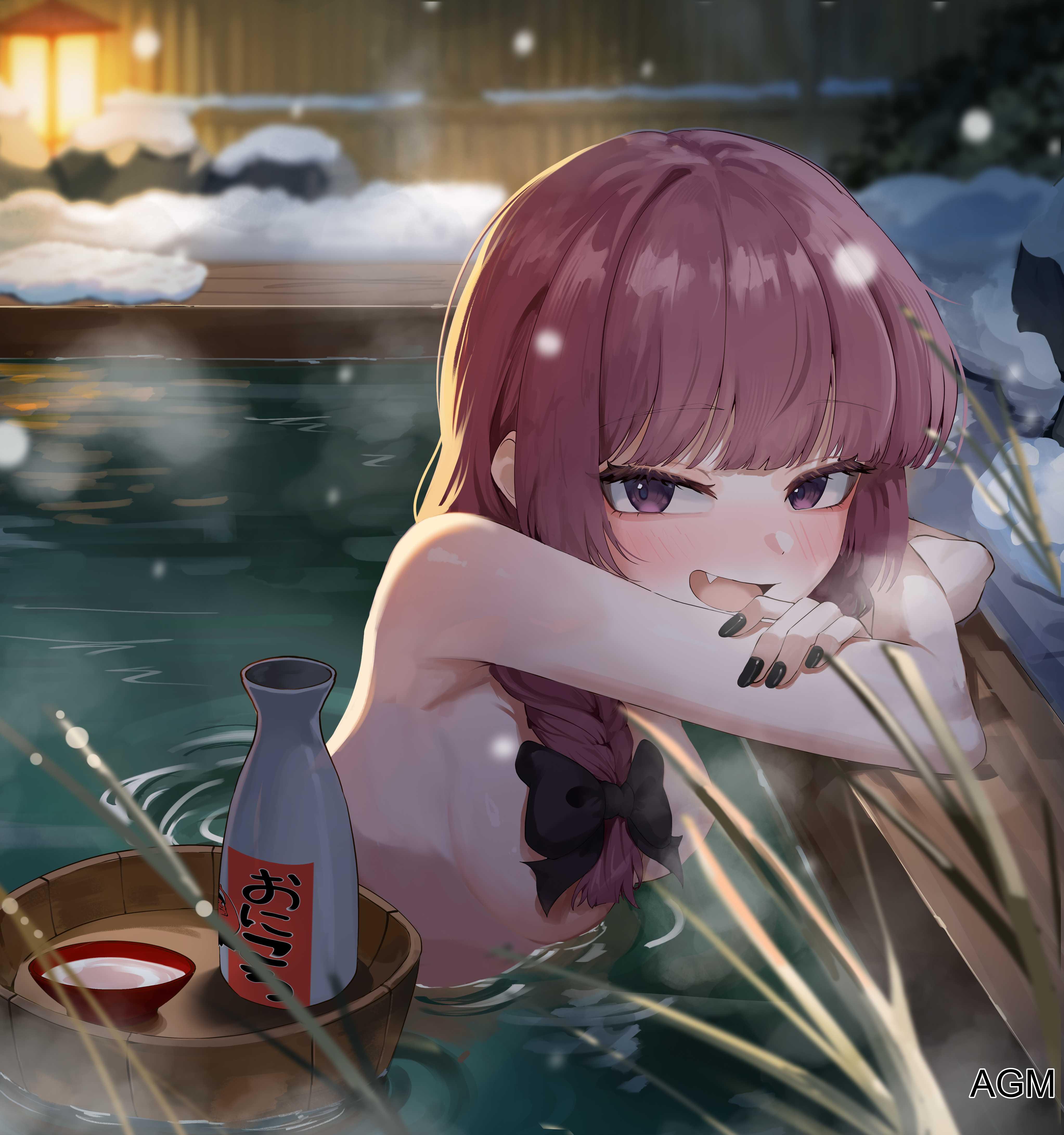 1girls, 2d, 2d (artwork), 2d artwork, adult, adult female, agm, alternate breast size, arms crossed, average breasts, bare armpits, bare arms, bare hands, bare midriff, bare shoulders, bare skin, bare torso, bath, bathhouse, bathing, bathing outside, bathwater, black fingernails, black nail polish, black nails, blunt bangs, blurred background, blurry background, blush, blush face, blushing at viewer, blushing female, blushing lines, bocchi the rock!, braid, braided hair, braided ponytail, braids, breasts, censored, censored breasts, censored nipples, completely naked, completely naked female, completely nude, completely nude female, convenient censoring, crossed arms, digital, digital art, digital drawing, digital drawing (artwork), digital media, digital media (artwork), elbows, exposed armpits, exposed arms, exposed midriff, exposed shoulders, exposed skin, exposed torso, eyebrows visible through hair, female, female focus, female only, fingernails, fingers, fully naked, fully nude, half submerged, high resolution, highres, hiroi kikuri, in bath, long hair, looking at viewer, mature, mature female, medium breasts, midriff, nail polish, nails, naked, naked female, naked woman, nude, nude female, nudity, open mouth, open mouth smile, outdoor, outdoor bath, outdoor bathing, outdoor nudity, outdoors, outside, parted lips, partially submerged, partially submerged legs, petite, petite body, petite breasts, petite female, petite girl, petite tits, ponytail, public bath, public bathroom, purple eyes, purple hair, purple-eyed female, purple-haired female, ripples, sake, shared bathing, shared bathtub, sharp teeth, shoulders, sideboob, single braid, smile, smiley face, smiling, smiling at viewer, snow, snowing, solo, submerged feet, submerged legs, taking a bath, tongue, topless, topless female, upper body, washing body, washing self, water