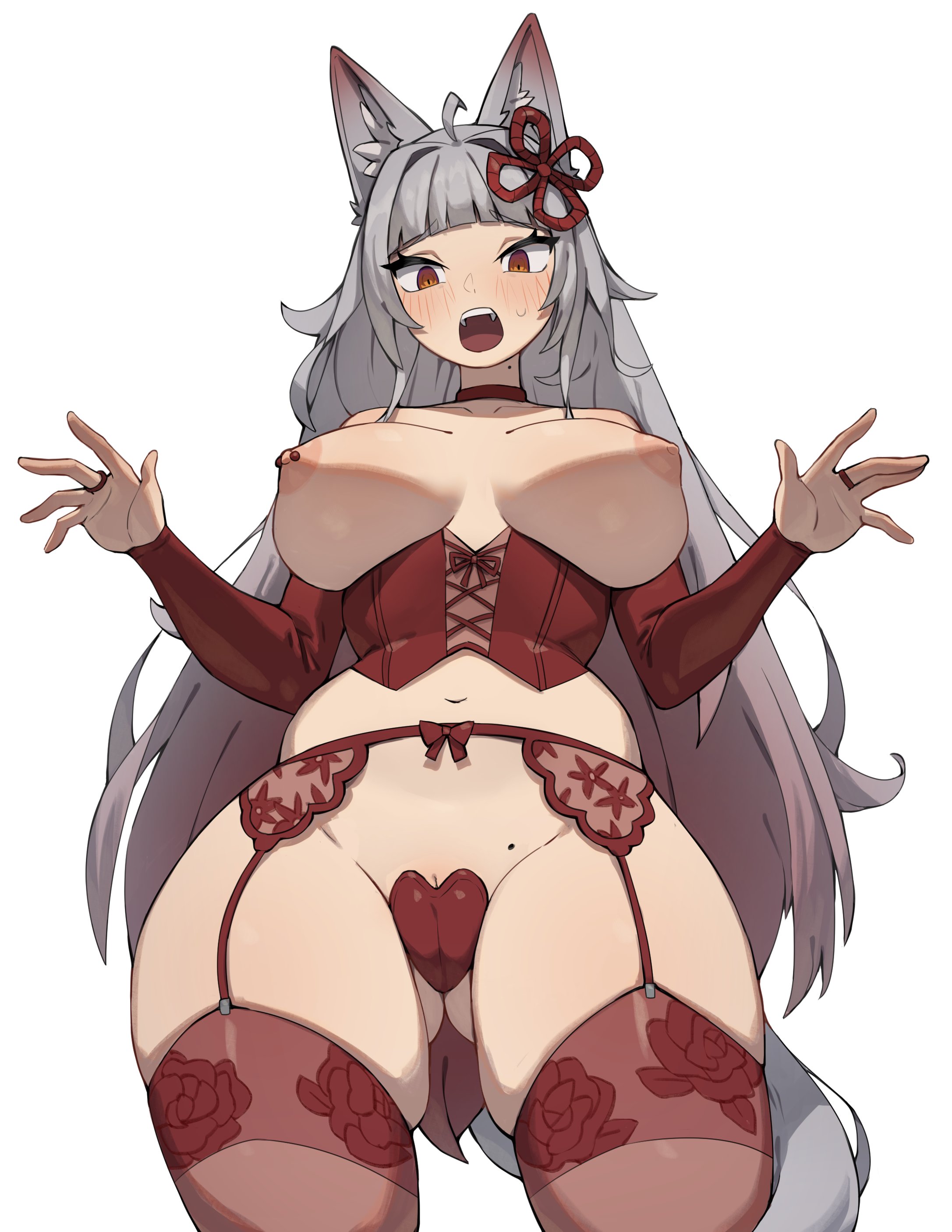 1girls, animal ears, areolae, bangs, blush, breasts, cameltoe, commission, corset, embarrassed, female, female only, flowerpigeon73, fox ears, fox girl, garter belt, garter straps, hair ornament, hi res, lingerie, long hair, looking at viewer, mole, nipple piercing, nipples, open mouth, orange eyes, pussy pasty, pussy peek, red lingerie, red stockings, solo, stockings, tail, thick thighs, thigh squish, underboob, very high resolution, viewed from below, white background, white hair, white skin, wide hips