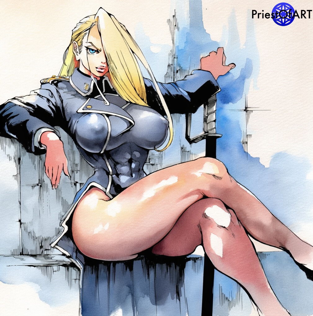 1girls, ai generated, asymmetrical hair, blonde hair, covered abs, crossed legs, female, female only, fullmetal alchemist, fullmetal alchemist brotherhood, military uniform, muscular, muscular female, olivier mira armstrong, priestofart, shiny, simple background, sitting, solo, solo female, watercolor, watercolor (artwork), watermark