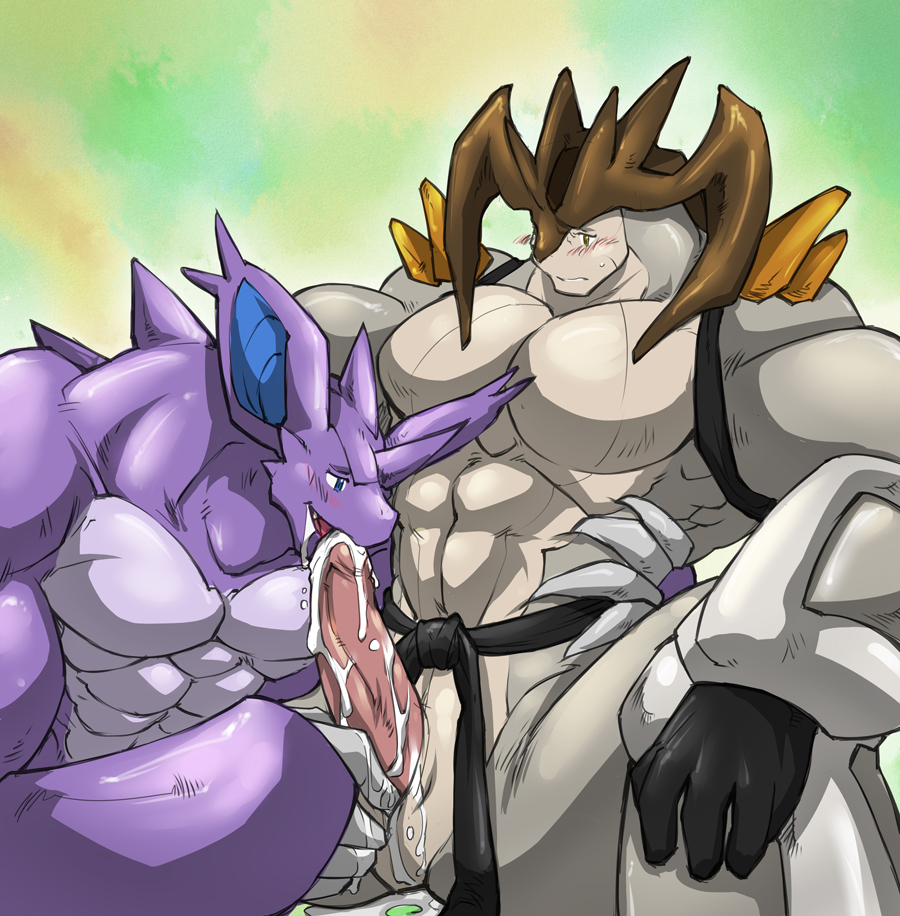 2011 big_penis blush cum fellatio gay gouki horns kokuhane male male_only muscles nidoking oral oral_sex penis pokemon pokemon_(species) sex syrinox terrakion