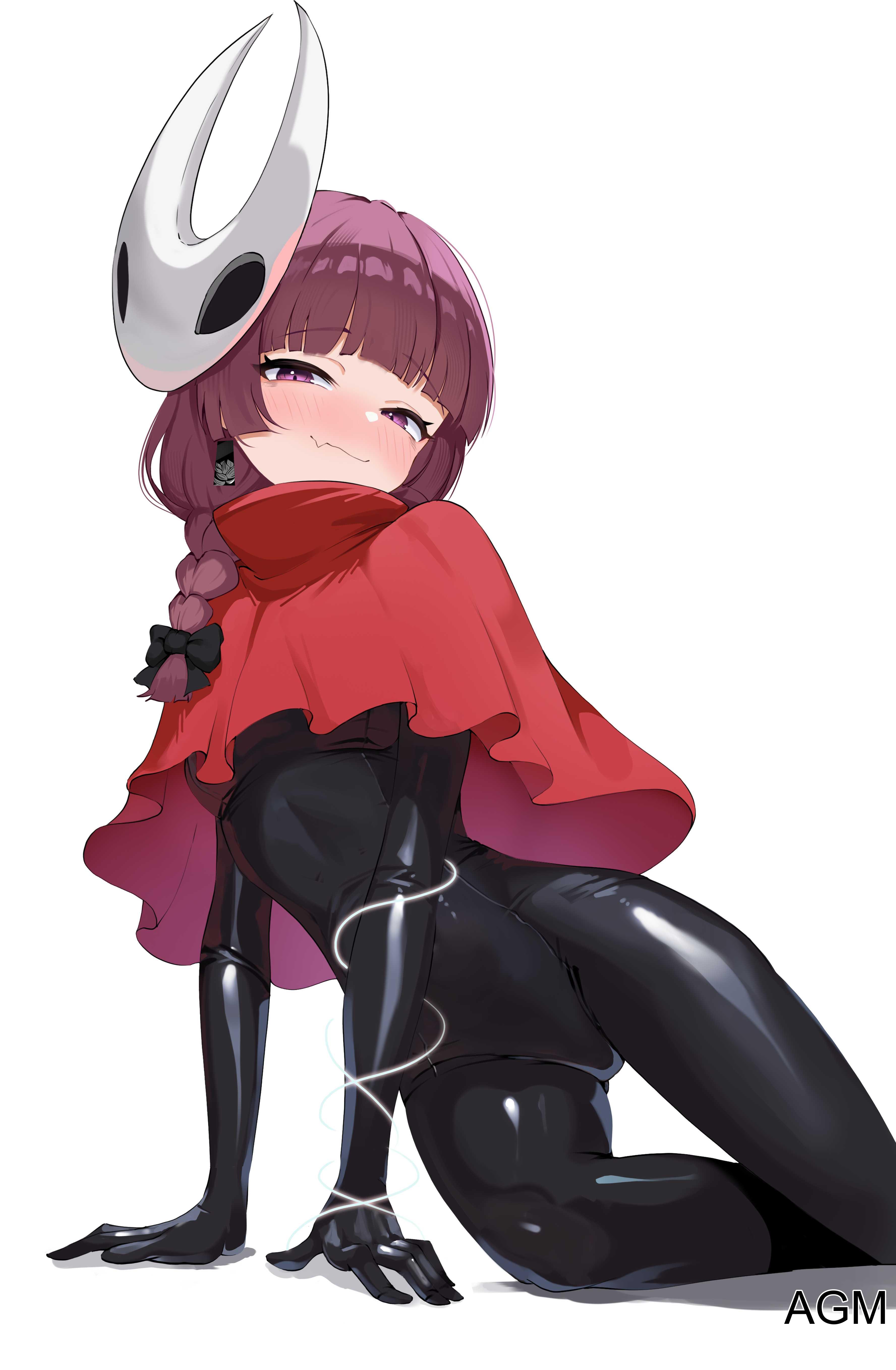 1girls, 2d, 2d (artwork), 2d artwork, adult, adult female, agm, arm support, blush, blush face, blushing at viewer, blushing female, blushing lines, bocchi the rock!, bodysuit, braid, braided hair, braided ponytail, braids, breasts, closed mouth smile, cosplay, cosplaying as character, curvaceous, curvaceous body, curvaceous female, curvaceous figure, curvaceous hips, curvy, curvy body, curvy female, curvy figure, curvy hips, digital, digital art, digital drawing, digital drawing (artwork), digital media, digital media (artwork), earrings, eyebrows visible through hair, female, female focus, female only, fingers, groin, head tilt, high resolution, highres, hiroi kikuri, hornet (hollow knight) (cosplay), inframammary fold, inguinal crease, inguinal ligament, latex, latex clothing, lean figure, long hair, looking at viewer, mask, mature, mature female, narrow waist, nervous, nervous expression, nervous face, nervous female, nervous smile, pear-shaped figure, petite, petite body, petite breasts, petite female, petite girl, petite tits, poncho, ponytail, purple eyes, purple hair, purple-eyed female, purple-haired female, questionable, questionable consent, seductive, seductive expression, seductive eyes, seductive face, seductive female, seductive gaze, seductive grin, seductive look, seductive looks, seductive pose, seductive posing, seductive smile, seductive smirk, seductive stare, seductive woman, sharp teeth, shiny clothes, shoulders, shy, shy expression, shy female, shy girl, shy smile, silksong, simple background, single braid, sitting, slender body, slender waist, slim waist, small breasts, smile, smiley face, smiling, smiling at viewer, smug, smug expression, smug eyes, smug face, smug grin, smug smile, solo, thigh gap, thighs, tight clothing, tilted head, underboob, upper body, white background, wide hips