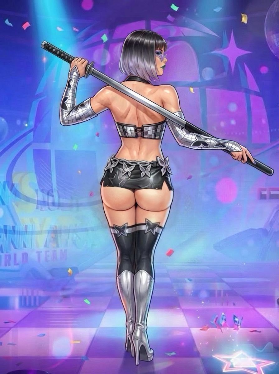 ai assisted, black hair, disco, drawingthings12, from behind, looking back, marvel, marvel rivals, psylocke, psylocke (marvel rivals), psylocke (psychedelic pulse), solo, sunglasses