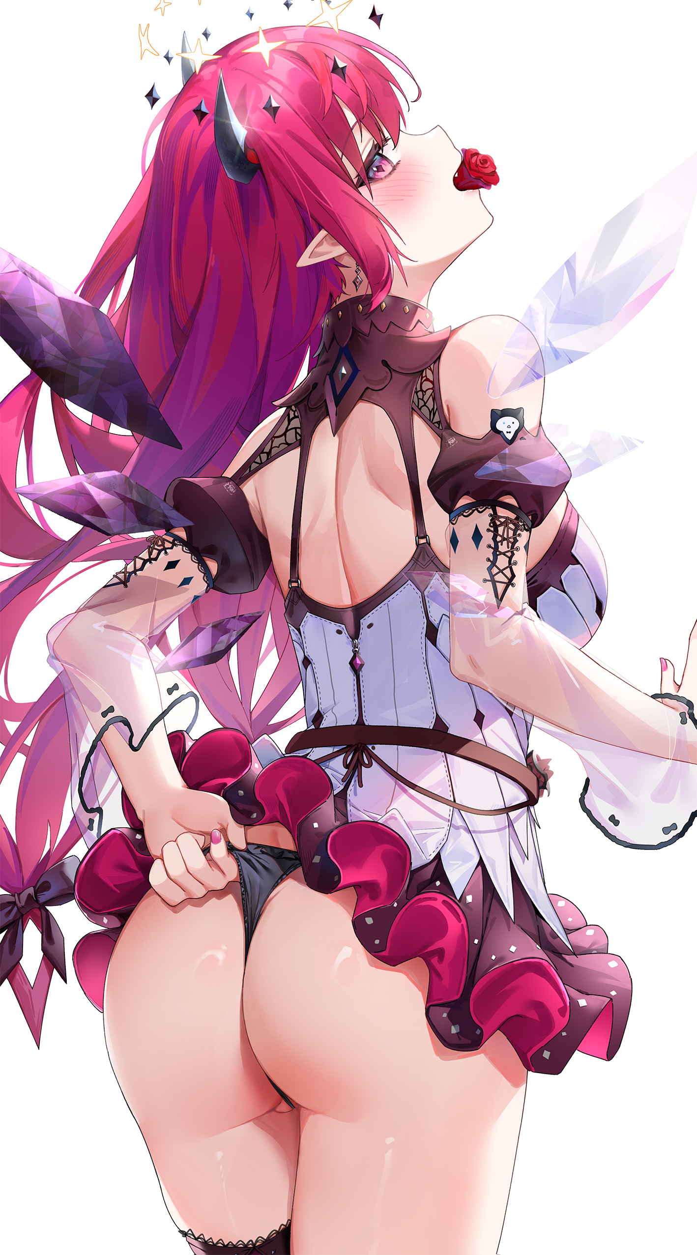1girls, adjusting clothes, adjusting panties, ass, behind view, black panties, black thong, blush, breasts, bu leike, clothes lift, clothes pull, clothing cutout, crystal wings, cutout, diamond (shape), diamond-shaped pupils, double halo, dress, dress lift, earrings, female, female only, flower, flower in mouth, frilled dress, frills, g-string, hair ornament, hair ribbon, halo, hololive, hololive english, horns, irys (hololive), irys (irys 2.0) (hololive), lace-trimmed thighhighs, large breasts, light skin, light-skinned female, long hair, looking at viewer, looking back, low-tied long hair, median furrow, mismatched wings, mouth hold, oerba yun fang, painted nails, panties, panty pull, panty tug, pink hair, pink nail polish, pink nails, pointy ears, puffy sleeves, purple thighhighs, red eyes, rose in mouth, see-through clothes, see-through clothing, self wedgie, shoulder blades, small dress, solo, thighhighs, thighs, thong, virtual youtuber, wedgie, white background, white dress, wings