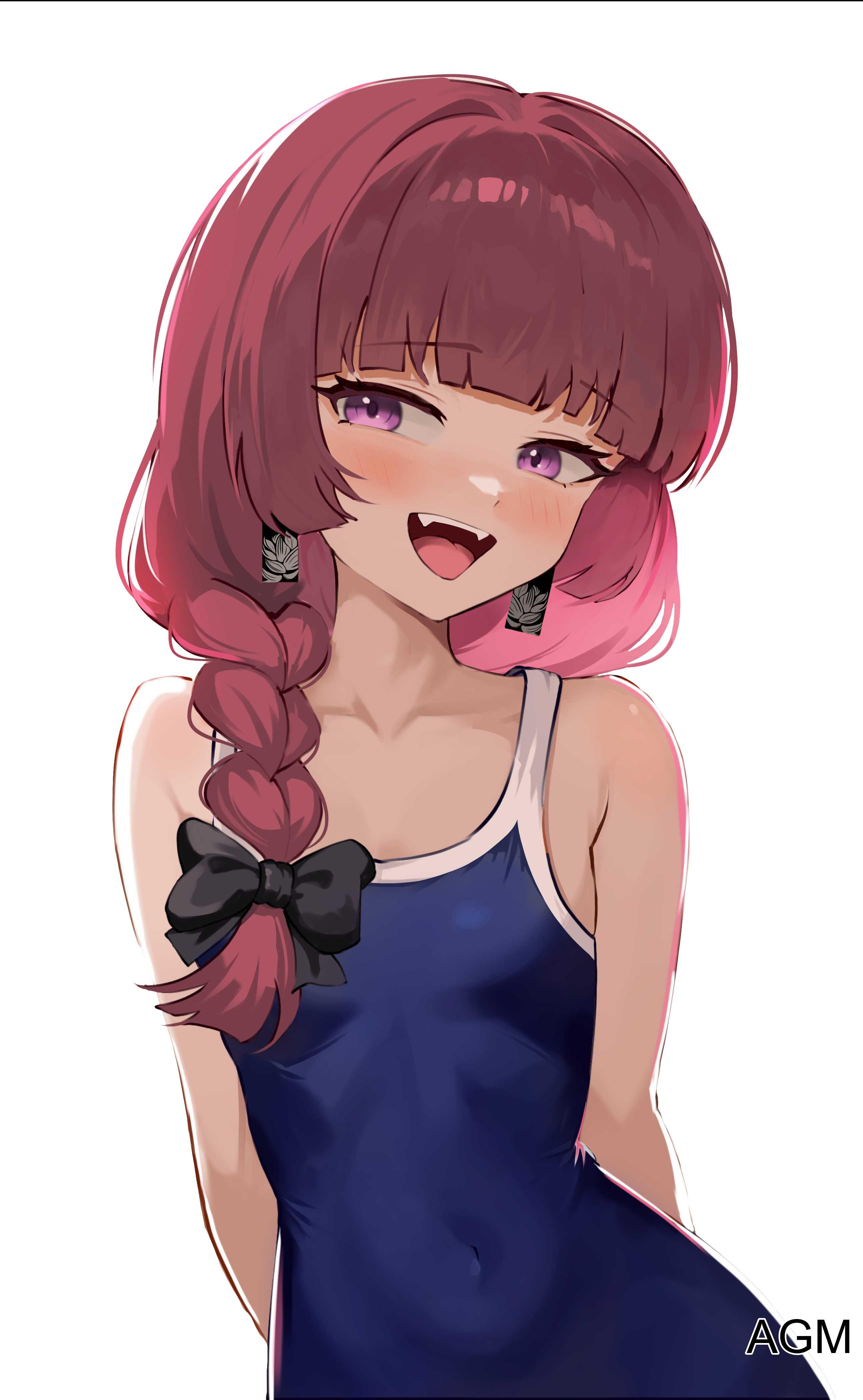 1girls, 2d, 2d (artwork), 2d artwork, adult, adult female, agm, arm behind back, belly button, bikini, blue bikini, blue one-piece swimsuit, blue sukumizu, blue swimwear, blunt bangs, blush, blush face, blushing at viewer, blushing female, blushing lines, bocchi the rock!, braid, braided hair, braided ponytail, braids, breasts, collarbone, digital, digital art, digital drawing, digital drawing (artwork), digital media, digital media (artwork), earrings, eyebrows visible through hair, female, female focus, female only, flat breasts, flat chest, flat chested, hand behind back, head tilt, high resolution, highres, hiroi kikuri, lean figure, long hair, looking at viewer, mature, mature female, narrow waist, navel, one-piece swimsuit, open mouth, open mouth smile, parted lips, pear-shaped figure, petite, petite body, petite breasts, petite female, petite girl, petite tits, ponytail, purple eyes, purple hair, purple-eyed female, purple-haired female, school swimsuit, sharp teeth, shoulders, simple background, single braid, skinny, skinny female, skinny girl, skinny waist, slender body, slender waist, slim waist, small breast, small breasts, smile, smiley face, smiling, smiling at viewer, smooth chest, solo, standing, sukumizu, swimsuit, swimwear, tilted head, tiny breasts, tongue, upper body, upper teeth, white background, wide hips