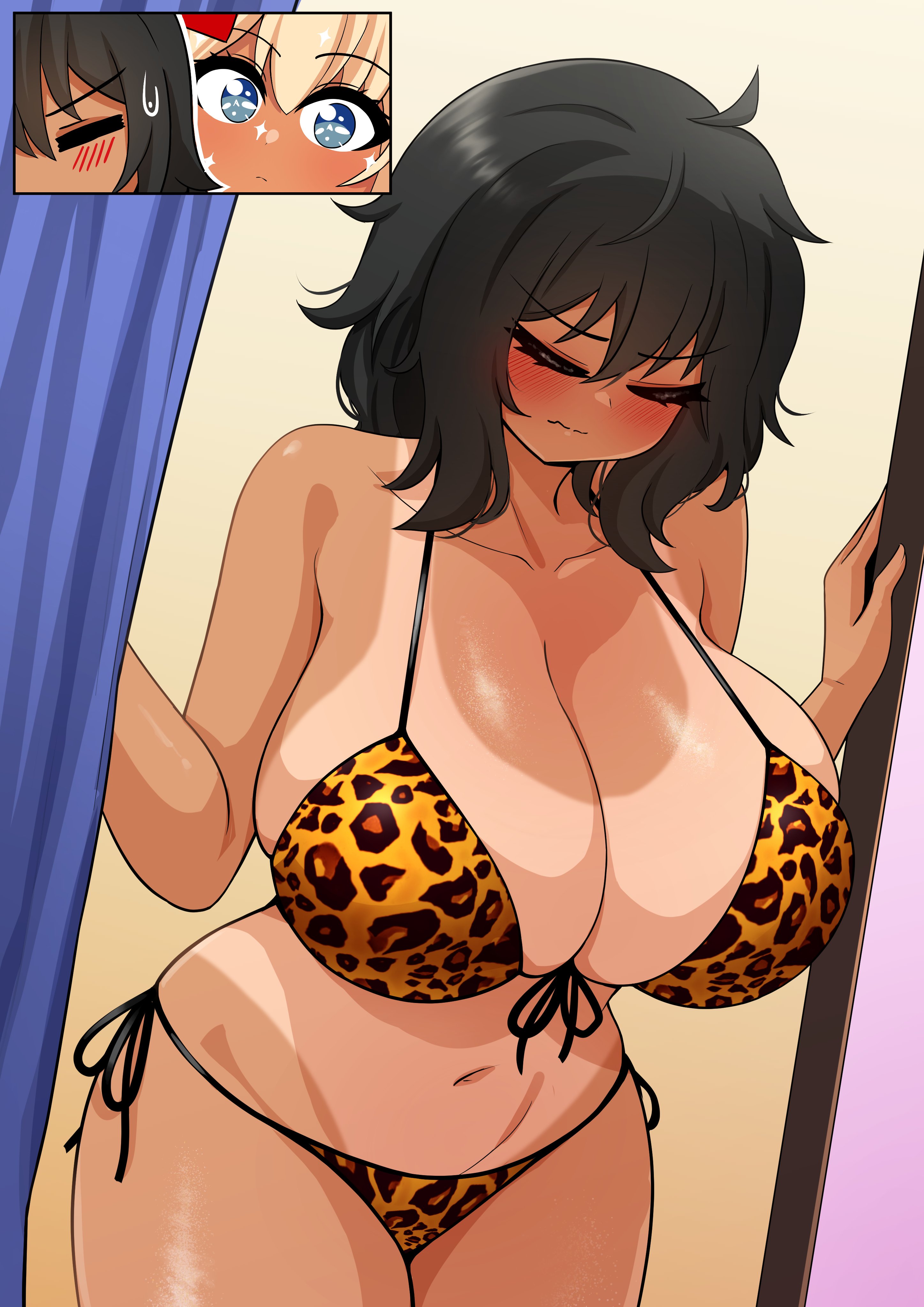 2girls, bikini, black hair, blonde hair, blue eyes, blush, cleavage, closed eyes, closed mouth, collarbone, curvy, dark-skinned female, embarrassed, fitting room, huge breasts, leopard print, midriff, multiple girls, navel, one-piece tan, solo focus, tan body, the only shoe, thick thighs, wavy mouth, wide hips