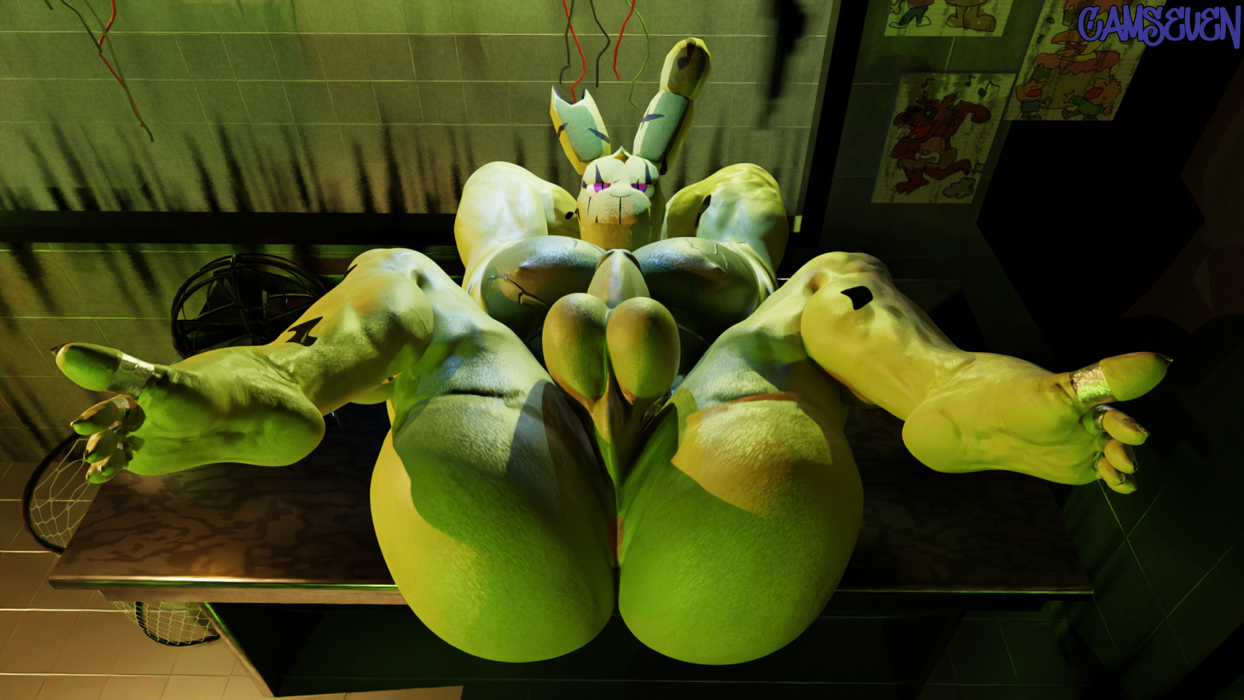 1boy, animatronic, anthro, anus, ass, balls, big butt, camseven, erection, feet, five nights at freddy's, five nights at freddy's 3, fnaf, gay, green body, hi res, inviting, looking at viewer, male only, muscular, nipples, penis, presenting balls, rabbit, robot, scottgames, solo, solo focus, spread legs, springtrap, springtrap (fnaf), teasing