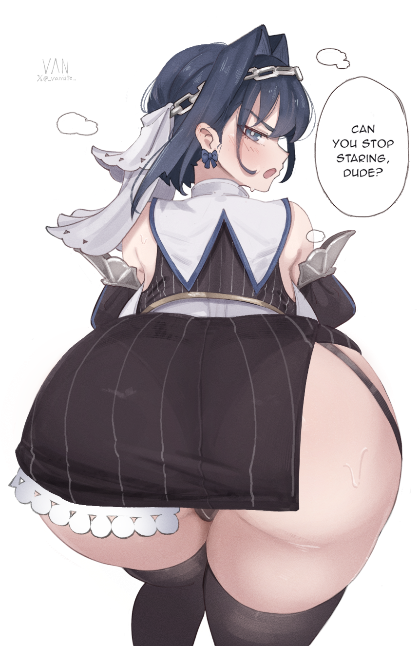 1girls, 2026, 2d, 2d (artwork), 2d artwork, alternate version available, angry, annoyed expression, ass, ass focus, back view, backboob, barefoot, big ass, blue eyes, blue hair, blush, caught staring, dark hair, detached sleeves, ear piercing, earrings, embarrassed, female, female only, hair intakes, hi res, high resolution, highres, hololive, hololive english, hololive english -council-, hololive english -promise-, huge ass, large ass, looking at viewer, looking back at viewer, massive ass, medium hair, miniskirt, ouro kronii, simple background, skirt, solo, solo female, standing, sweat, sweatdrop, tagme, text, thick thighs, thighhighs, vaniste, veil, virtual youtuber, white background