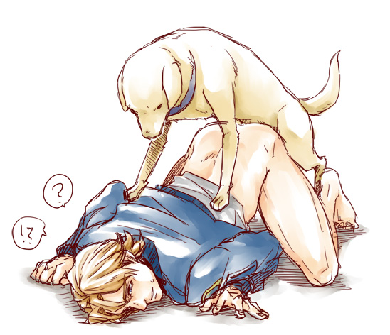 !?, ?, 1animal, 1boy, anal, blonde hair, bottomless, canine, collar, color, dog, doggy style, feral on human, feral on male, feral penetrating, feral penetrating human, feral penetrating male, gay, head down ass up, human, human on feral, human penetrated, keith goodman, male, male on feral, male only, multiple males, small dom big sub, speech bubble, tiger and bunny, yaoi, zoophilia
