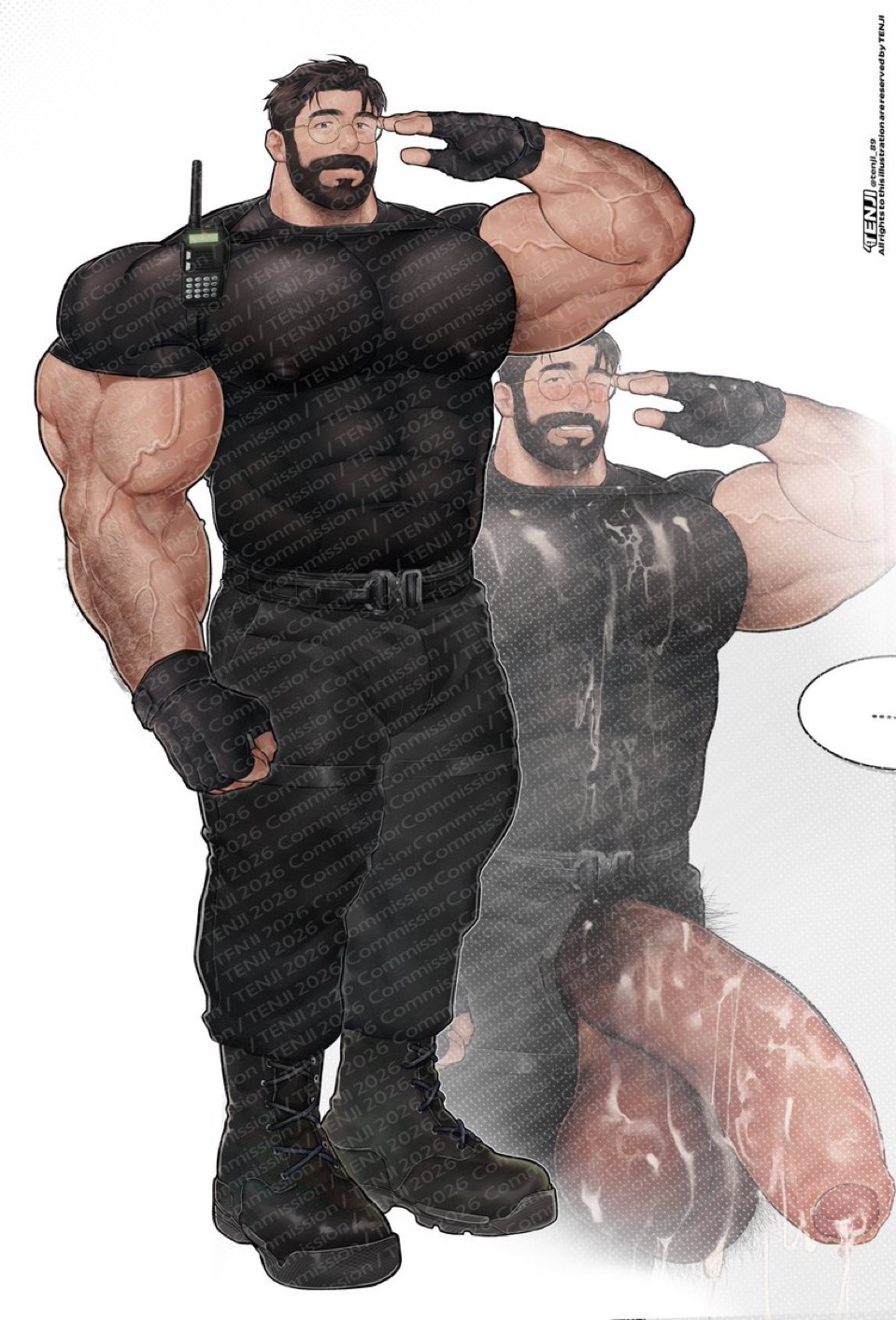 abs, beard, biceps, big balls, big muscles, big penis, black shirt, blush, boner, boots, bulge, commission, cum, cum on body, cum on penis, erection, flaccid, gay, glasses, gloves, male only, pecs, pubic hair, solo, tan skin, ten g89, text bubble, tight clothes, tight clothing, tight pants, tight shirt, veins, walkie-talkie, white background