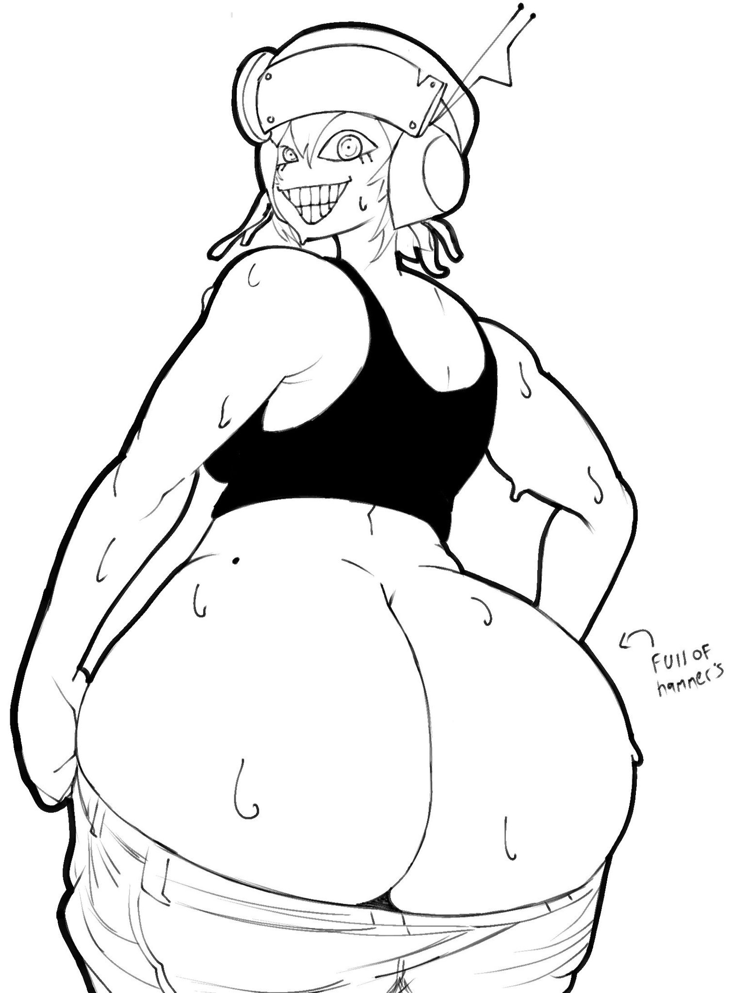 1girls, ass, ass focus, big ass, bubble butt, c'venash vishneri, crazy eyes, crazy smile, fat ass, helmet, psychopomp (fading club), pulling down pants, queen of venus (psychopomp), solo, solo female, sweat, sweaty, sweaty ass, tank top, venus (psychopomp), vireltsuki