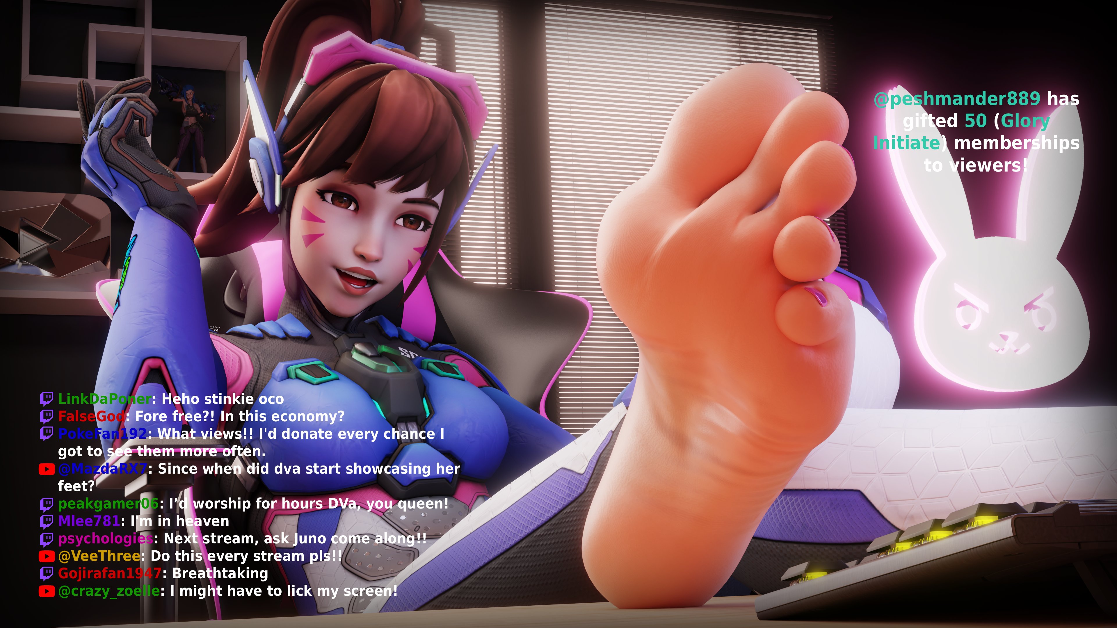 1female, 1girls, 3d, 3d (artwork), barefeet, barefoot, blender, blender (software), blender cycles, blizzard entertainment, brown eyes, brown hair, d.va, d.va (overwatch 2 suit), feet, feet focus, female, female focus, female only, foot fetish, foot focus, foot worship, hana song, happy, happy female, kenuwu, legs, legs crossed, legs together, long legs, overwatch, overwatch 2, pink toenail polish, pink toenails, ponytail, skintight, skintight bodysuit, soles, soles female, soles fetish, stream chat, streamer, streaming, tied hair, toenail polish, toenails, toes, toes spread, wrinkled feet