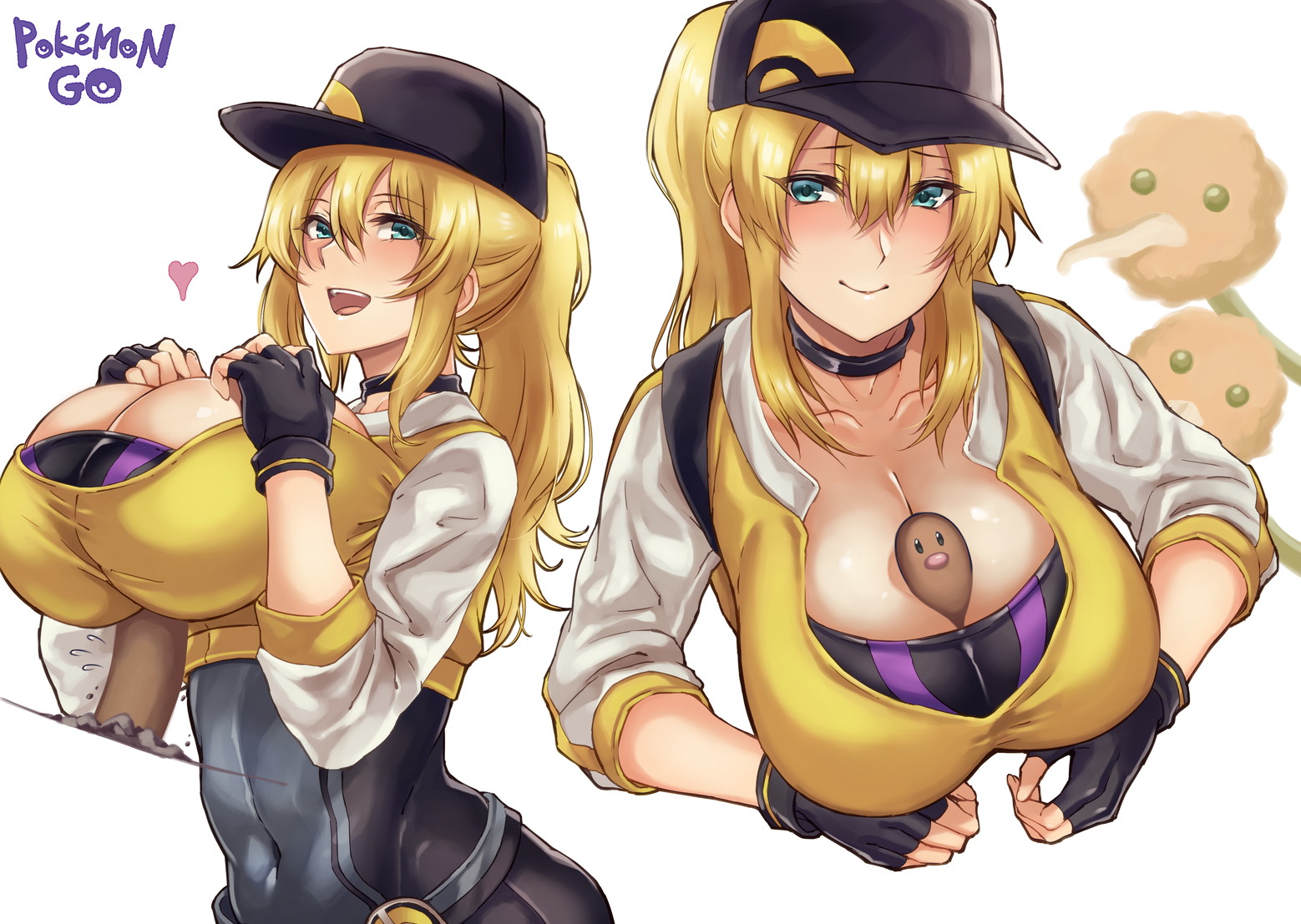 1boy, 1girls, big breasts, blonde female, blonde hair, blue eyes, blush, breastjob, choker, clothed, clothing, diglett, female, female protagonist (pokemon go), fingerless gloves, gloves, hat, huge breasts, light skin, light-skinned female, male, paizuri, paizuri under clothes, pokemon, pokemon go, smile, solo, solo female