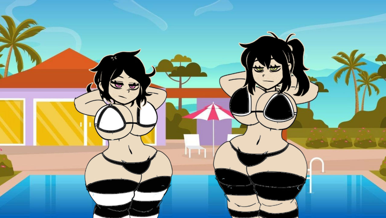 2female, 2girls, arms behind back, ashley graves, big breasts, bikini, black hair, breasts, chair, daughter, daughter and mother, female, green eyes, house, mother and daughter, parasol, pink eyes, pool, renee graves, the coffin of andy and leyley, water