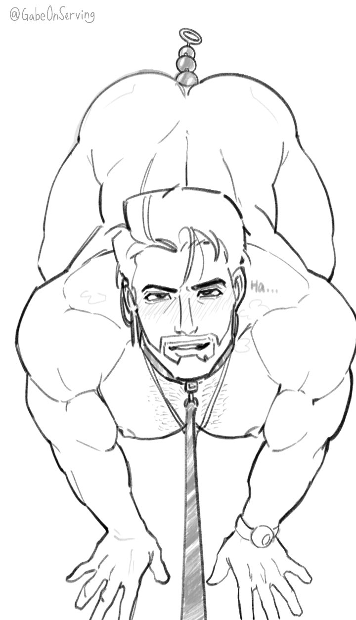 anal beads, anal object insertion, bara, beard, chest hair, collar, date everything, dorian (date everything), facial hair, gabeonserving, gay, gay male, leash and collar, looking at viewer, male only, on all fours, wristwatch, yaoi
