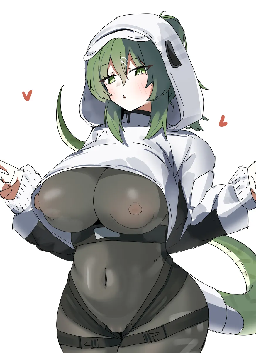 1girls, arknights, arknights: endfield, artist request, big breasts, big thighs, female, female only, fluorite (arknights: endfield), green eyes, green hair, hood, thick thighs, visible nipples