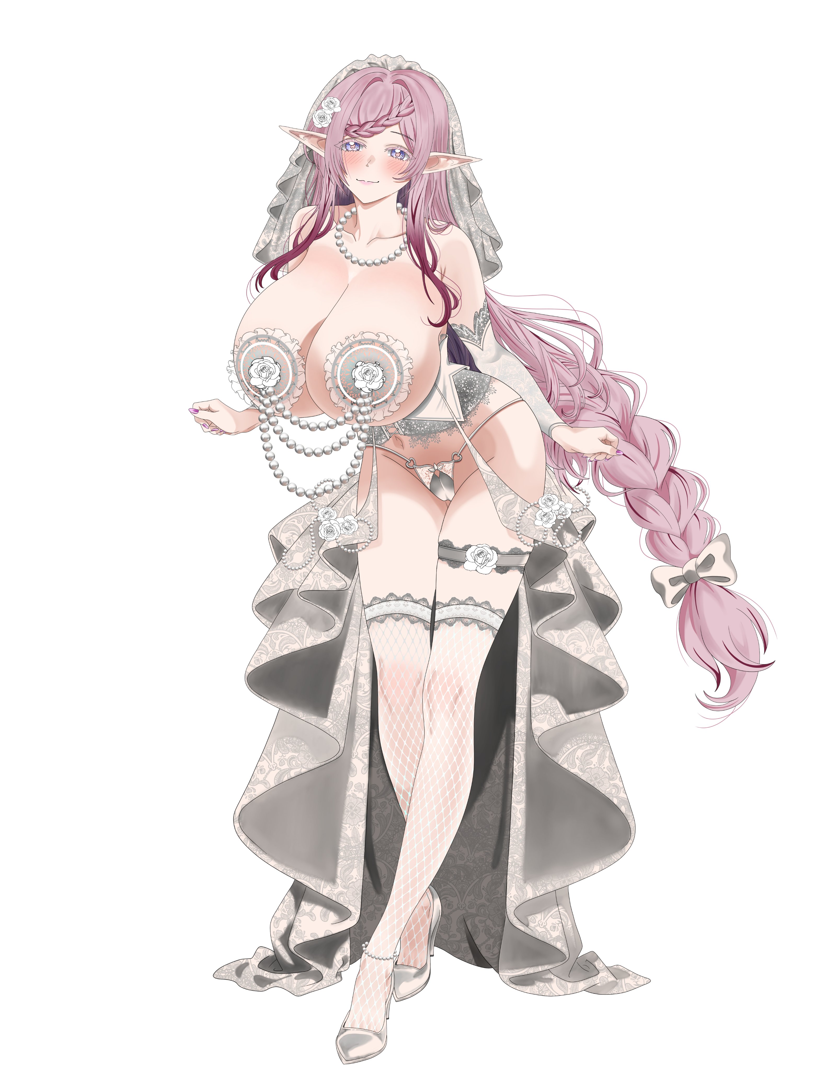 1girls, belly button, blush, breasts, bride, bride veil, clothed, clothing, detached sleeves, female, female only, fishnets, flowers in hair, heels, huge breasts, ivan ramirez, light skin, light-skinned female, malice evermore, necklace, phase connect, phase saga, pink hair, pointy ears, purple eyes, revealing clothes, simple background, skimpy, skimpy clothes, smile, solo, vampire, vampire girl, veil, virtual youtuber, wedding dress, wedding veil, white background
