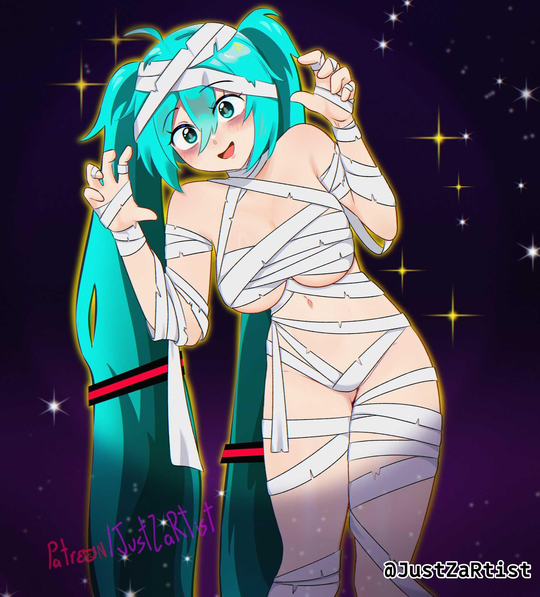 1girl, 1girls, 2d, 2d (artwork), 2d artwork, ahoge, alternate breast size, aqua eyes, aqua hair, artist name, bandage, bandaged, bandaged arm, bandaged arms, bandaged belly, bandaged body, bandaged breasts, bandaged chest, bandaged fingers, bandaged hand, bandaged hands, bandaged head, bandaged leg, bandaged stomach, bandaged thigh, bandaged thighs, bandaged wrist, bandaged wrists, bandages, bandages around breasts, bandages around chest, bandages on arms, bandages on legs, bandages only, belly, belly button, blue eyebrows, blue eyes, blue hair, blue-eyed female, blue-haired female, blush, blush face, blushing at viewer, blushing female, blushing lines, breast bandage, breasts, claw pose, collarbone, curvaceous, curvaceous body, curvaceous female, curvaceous figure, curvaceous hips, curvy, curvy body, curvy female, curvy figure, curvy hips, cyan eyes, cyan hair, cyan-eyed female, cyan-haired female, dark background, digital, digital art, digital drawing, digital drawing (artwork), digital media, digital media (artwork), elbows, eyebrows visible through hair, female, female focus, female only, fingers, groin, hair between eyes, half naked, half nude, halloween, hatsune miku, head tilt, high resolution, highres, hourglass figure, justzartist, large breasts, lean figure, leaning, leaning to the side, legs closed, legs together, long hair, looking at viewer, medium breasts, midriff, mummy costume, naked, naked bandage, naked female, naked woman, narrow waist, navel, nude, nude female, nudity, open mouth, open mouth smile, parted lips, posing, posing for the viewer, semi nude, shoulders, simple background, slender body, slender waist, slim waist, smile, smiley face, smiling, smiling at viewer, solo, standing, stars, thighs, thighs together, tilted head, tongue, twintails, twintails (hairstyle), upper body, very long hair, very long hair female, vocaloid, wide hips