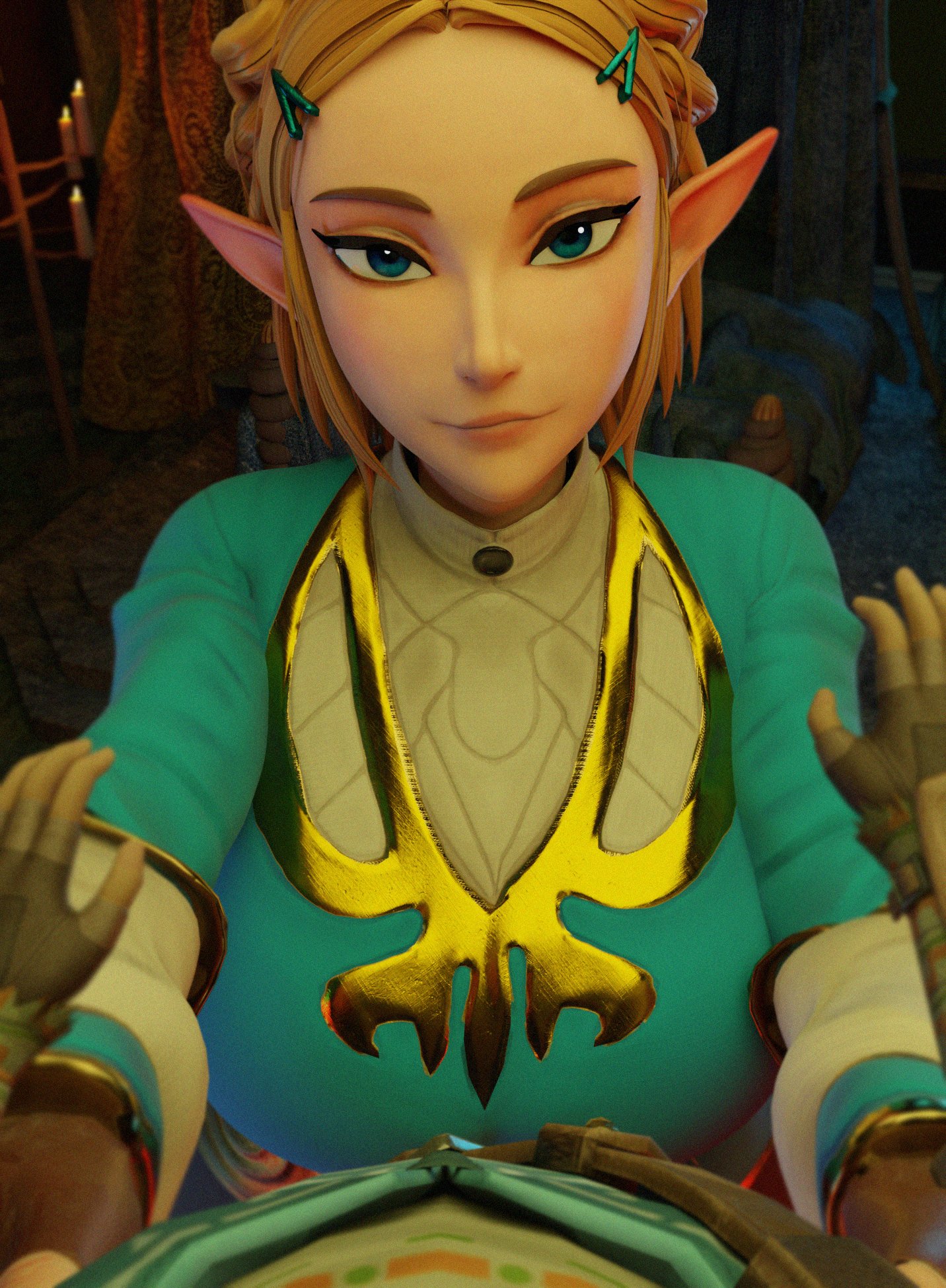 3d, big breasts, femdom, giantess, huckleberry8181, huge breasts, large breasts, larger female, link, male pov, nintendo, pov, princess zelda, princess zelda (scrag boy), scrag boy (model), smile, smug, tears of the kingdom, the legend of zelda, zelda (tears of the kingdom)