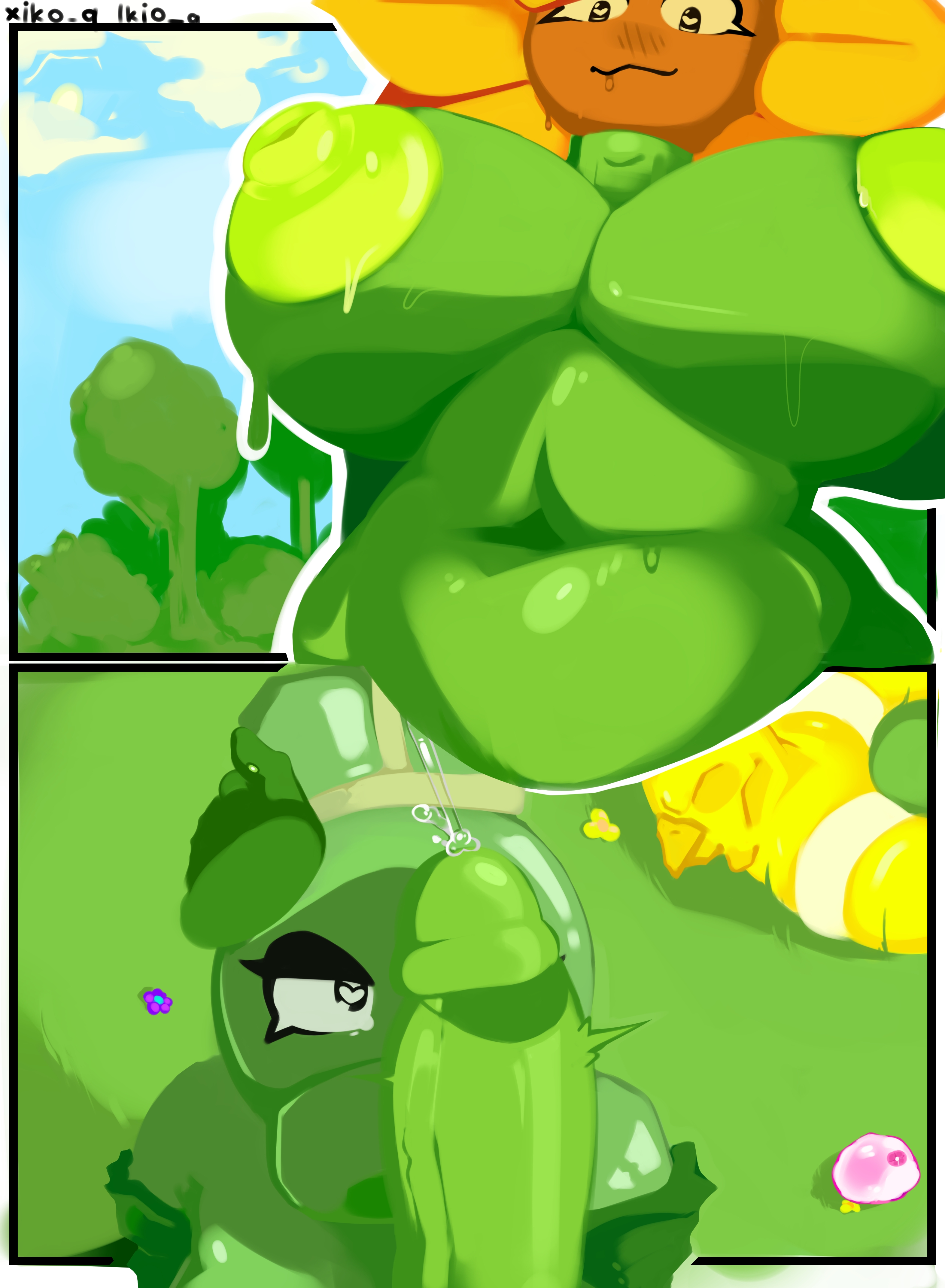 1futa, 1girls, belly, bettilie (iko q), big areola, big belly, big penis, dick, dick on face, dick on head, dickgirl, dickgirl domination, dickgirl/female, female, female focus, futa on female, futa with female, futanari, green body, heart eyes, horny, horny female, horny futa, iko q, leaf, looking at another, looking at penis, looking at viewer, nude, nude female, oc, peashooter (pvz), penis, plant girl, plant humanoid, plants, plants vs zombies, plants vs. zombies, pov, public, side view, sideboob, sunflower (pvz), sunny (iko q), sweat, sweatdrop, sweaty body, username