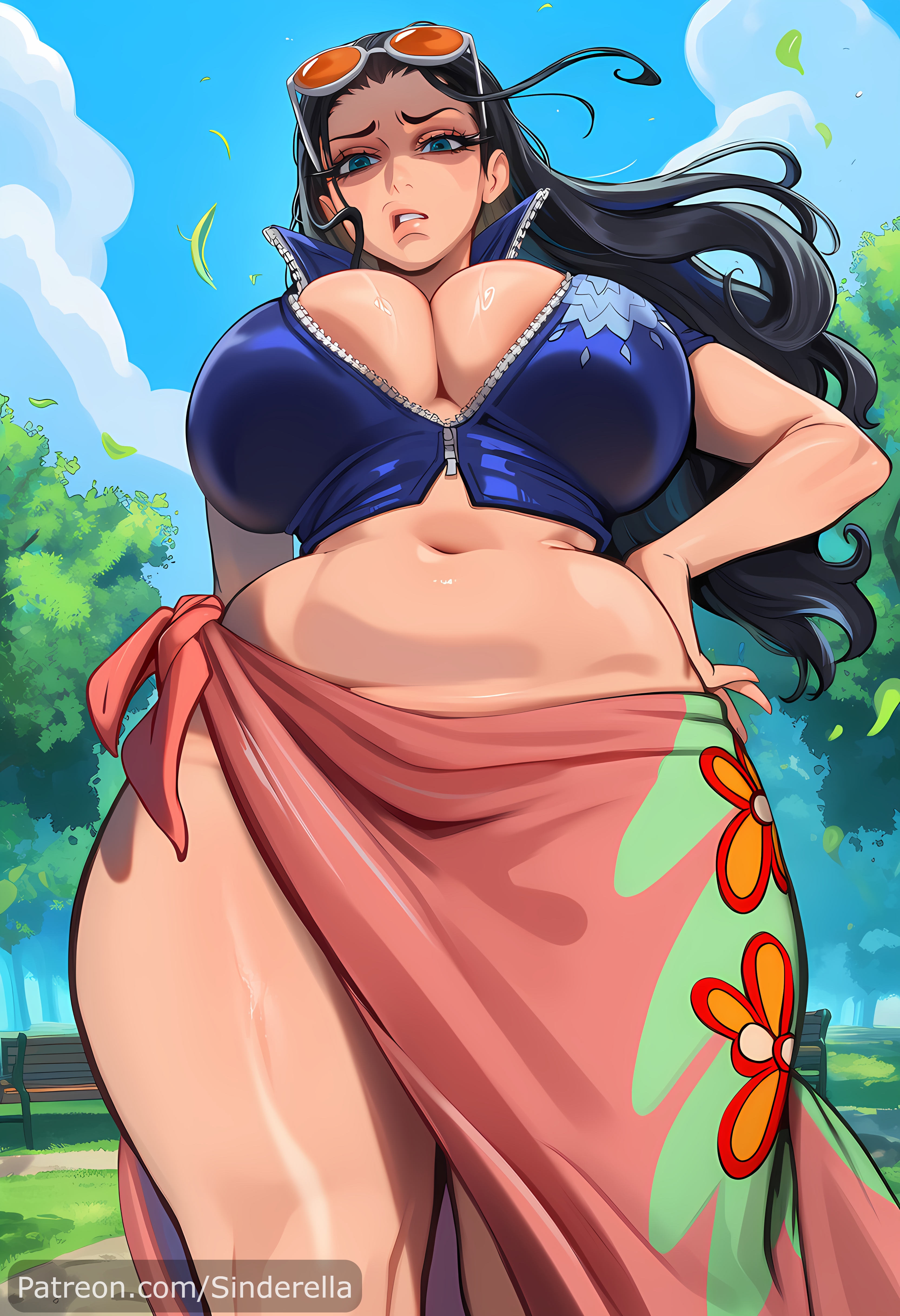 about to burst, ai generated, ass bigger than head, barely contained, barely contained breasts, barely fits, breasts bigger than head, breasts too big, bursting breasts, busty, commission, curvaceous, curvy, disgusted, disgusted look, eww, female, female only, heavenly ass, huge ass, huge breasts, imminent wardrobe malfunction, inconvenient boobs, inconvenient breasts, looking at own breasts, looking down, looking down at breasts, looking down at self, nico robin, one piece, outdoors, park, patreon, patreon url, patreon username, public, sinderellaart, strained zipper, straining clothing, tease, teasing viewer, thick, thick legs, thick thighs, tight fit, too tight, undersized clothes, undersized clothing, voluptuous, zipper